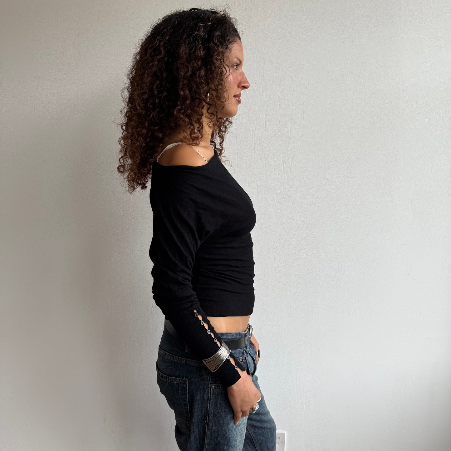 Black slouchy button jumper - Size S