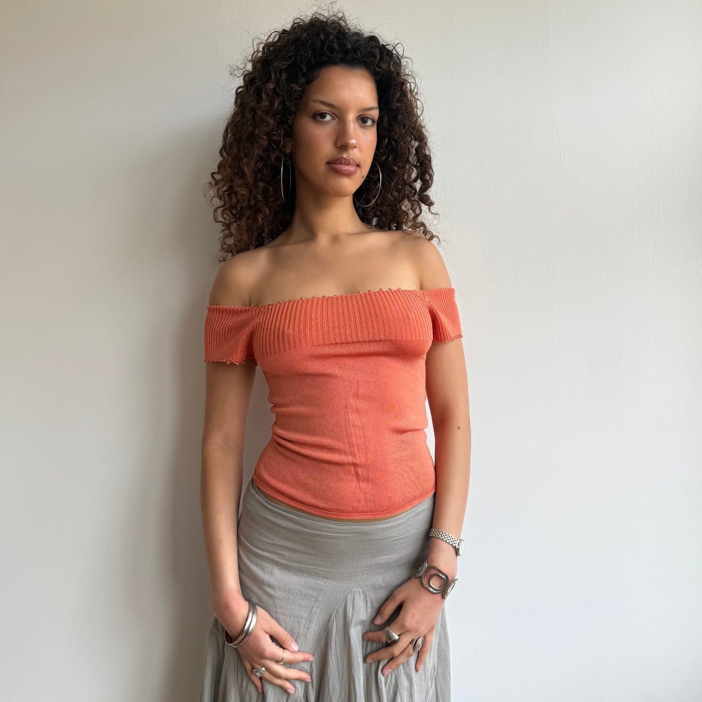 Orange knit bardot top - Size XS