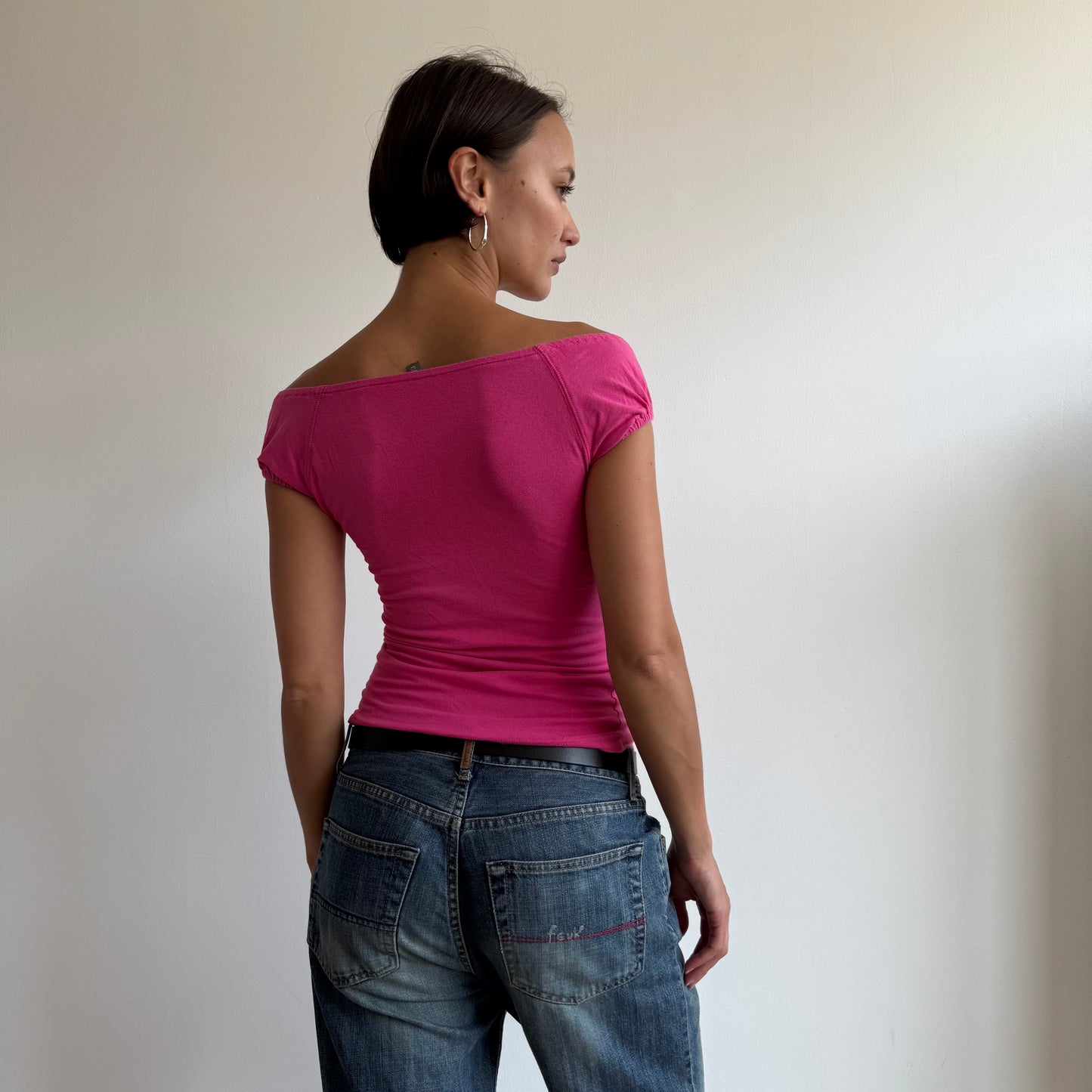 Hot pink button bardot top - Size S/M