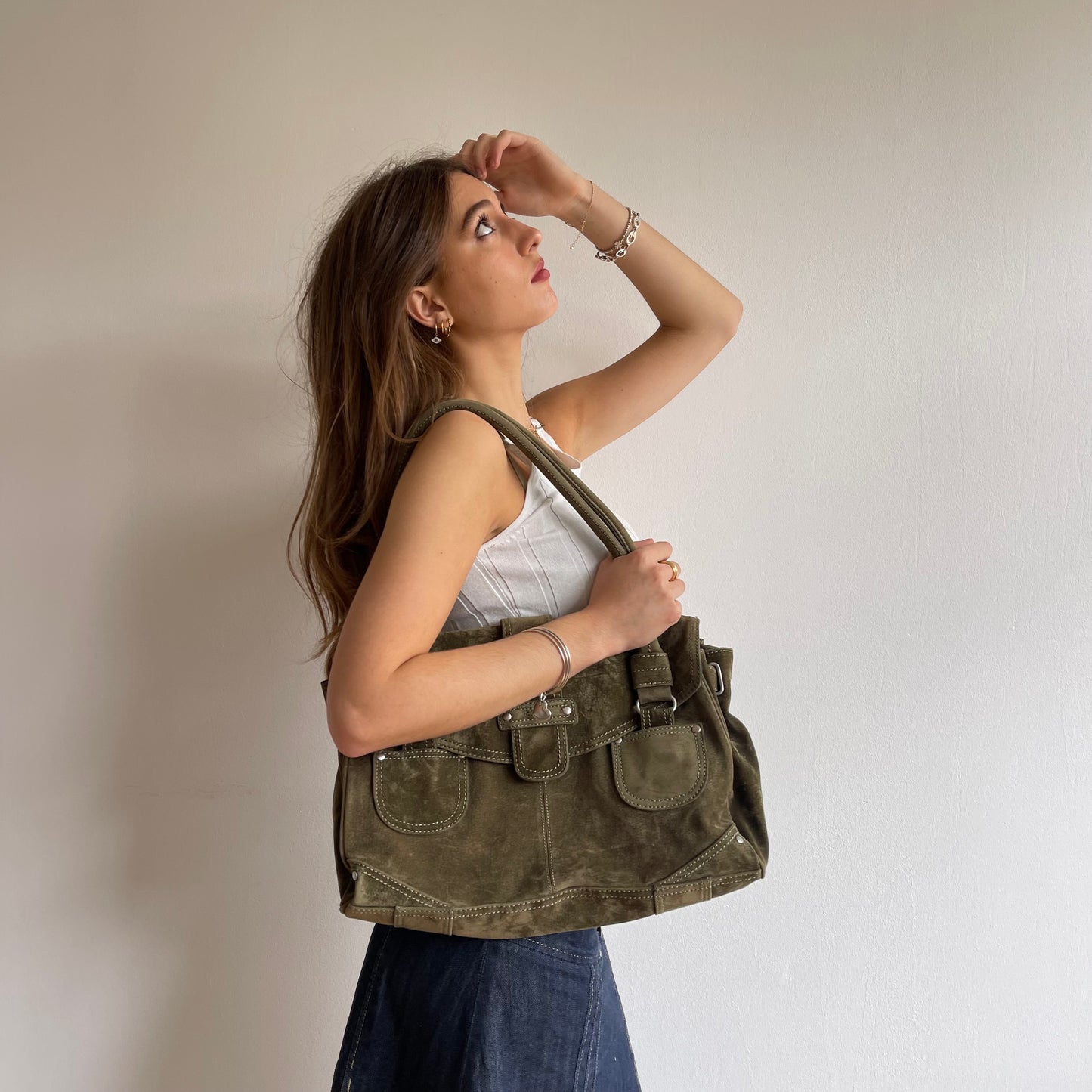 Khaki suede buckle bag