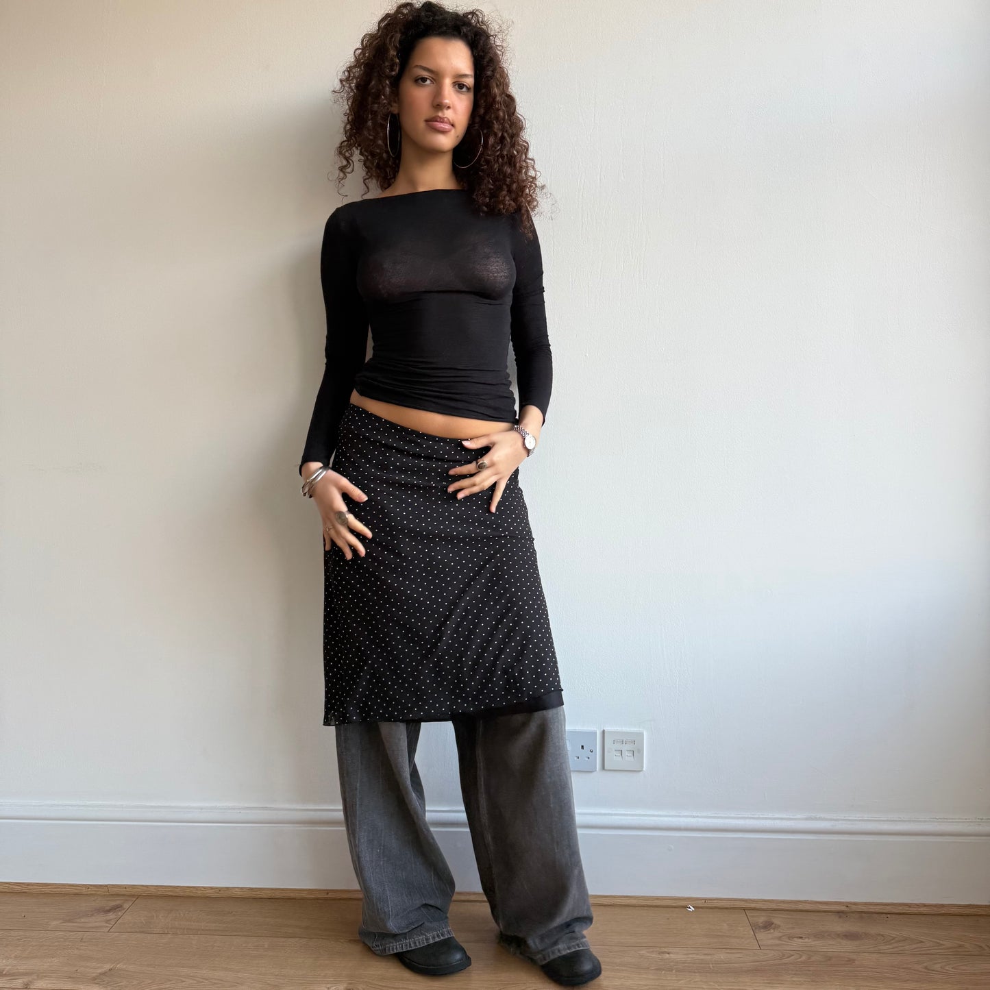 Black polka dot midi skirt - Size M
