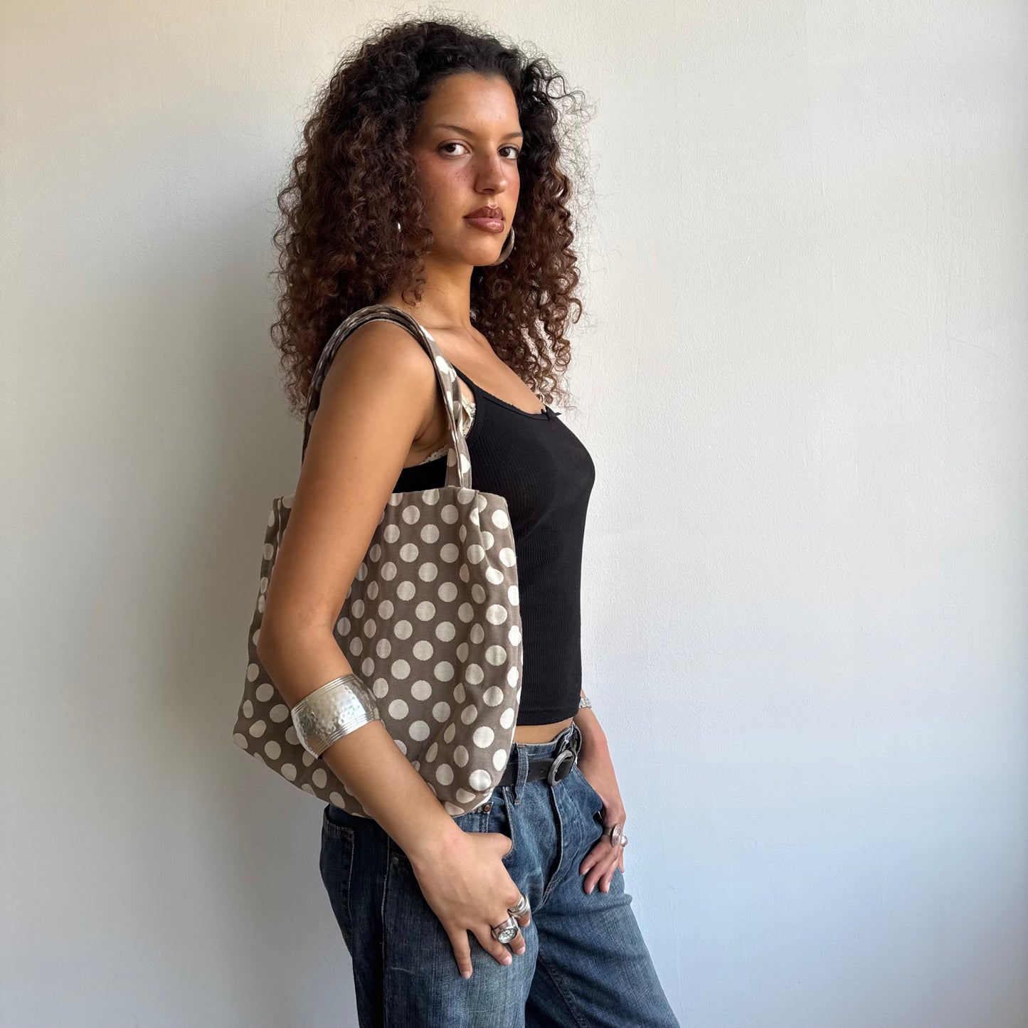 Taupe polka dot bag