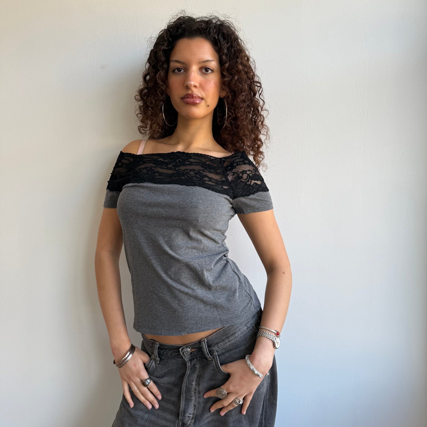 Grey lace Bardot top - Size S