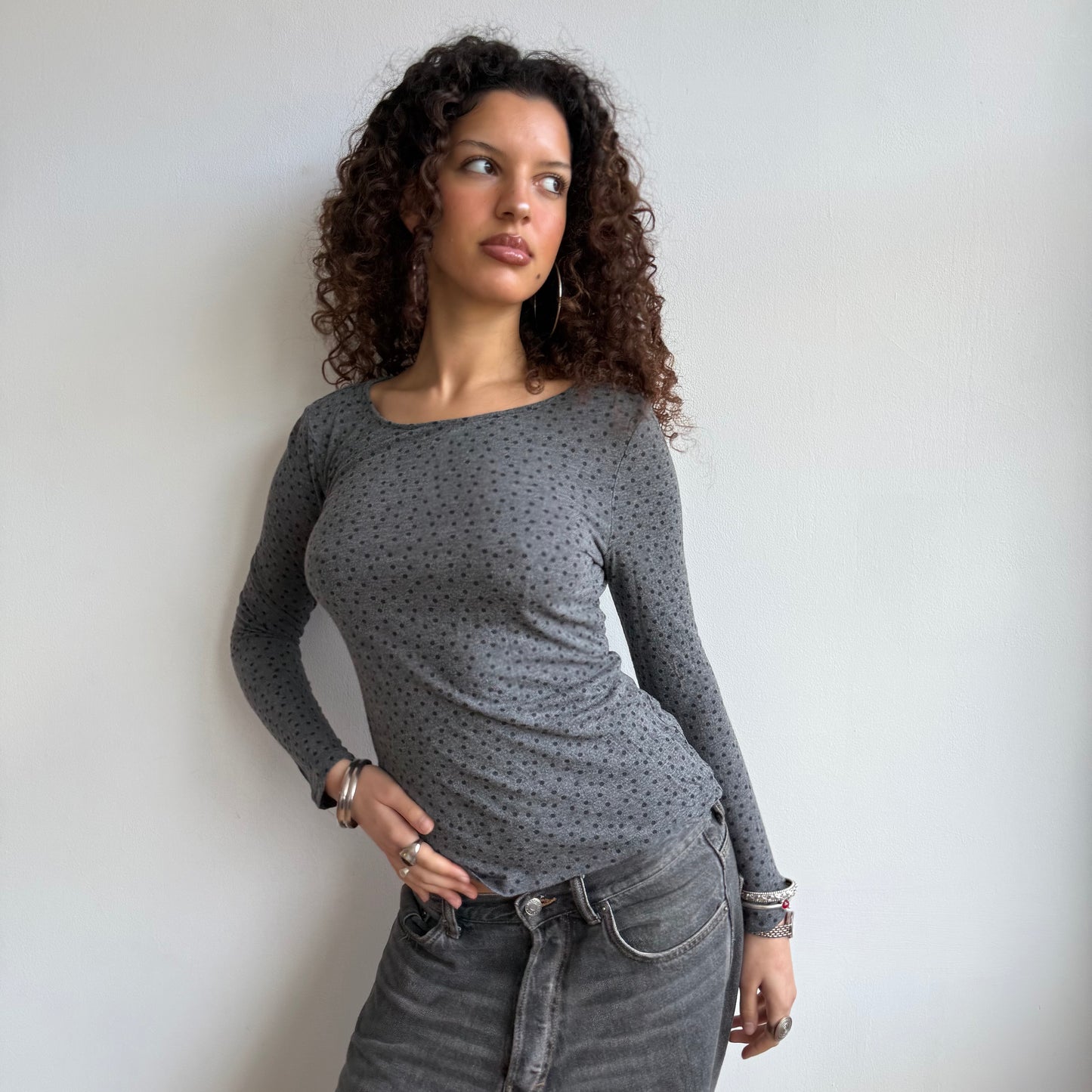 Grey polka dot long sleeve top - Size S