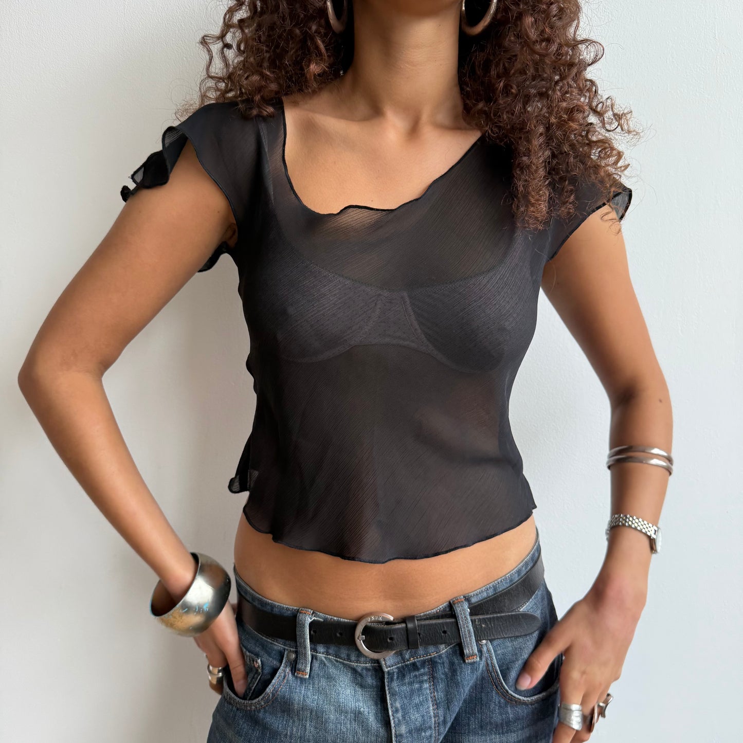 Black asymmetric chiffon top - Size S
