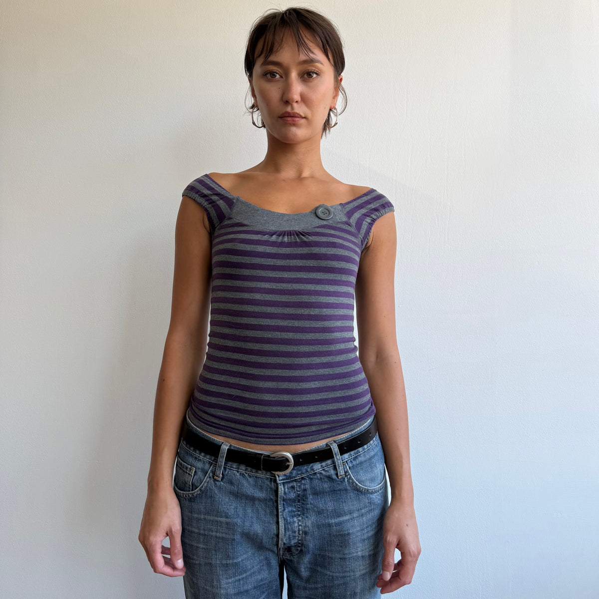 Purple + grey striped button top - Size XS