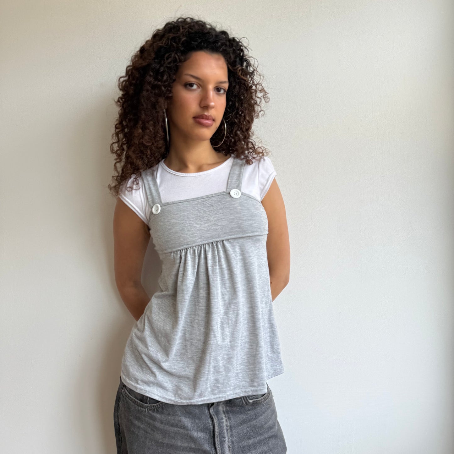 Grey + white dungaree top - Size S