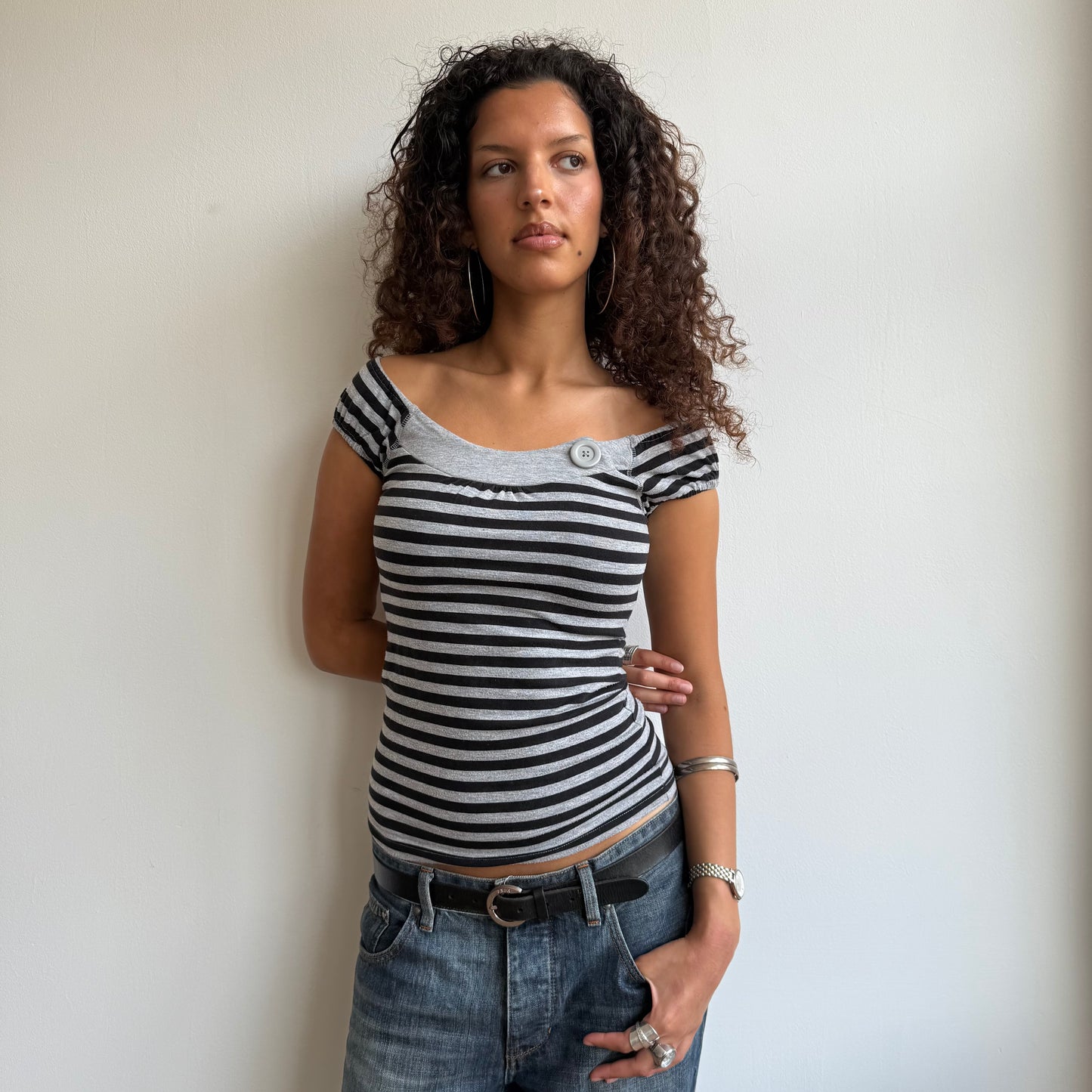 Grey stripe button top - Size XS + S + M