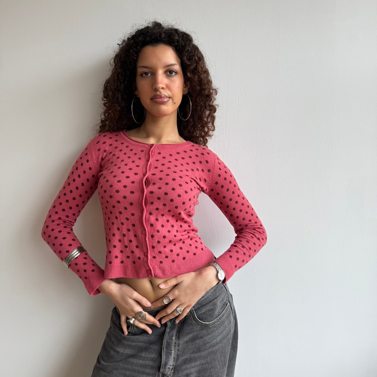 Fuschia polka dot cardi - Size S