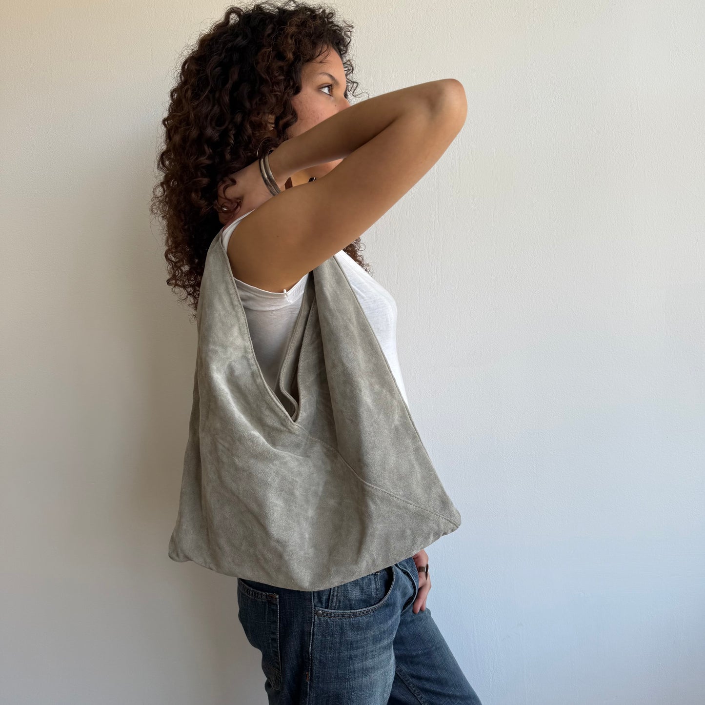 Khaki suede hobo bag