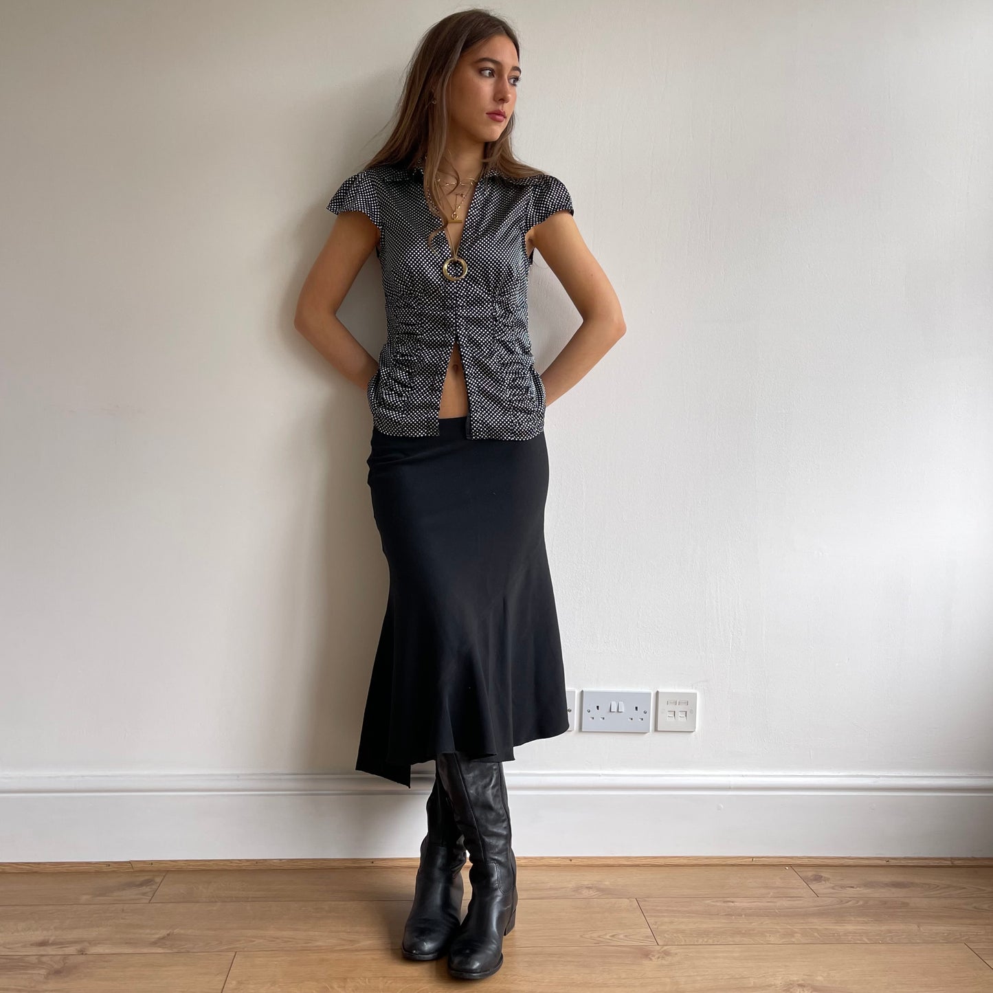Black satin polka dot shirt - Size S