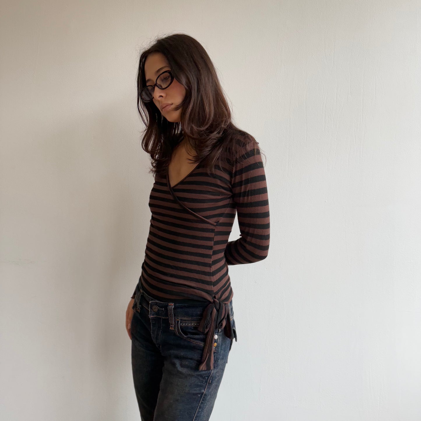 Brown striped wrap top - Size S
