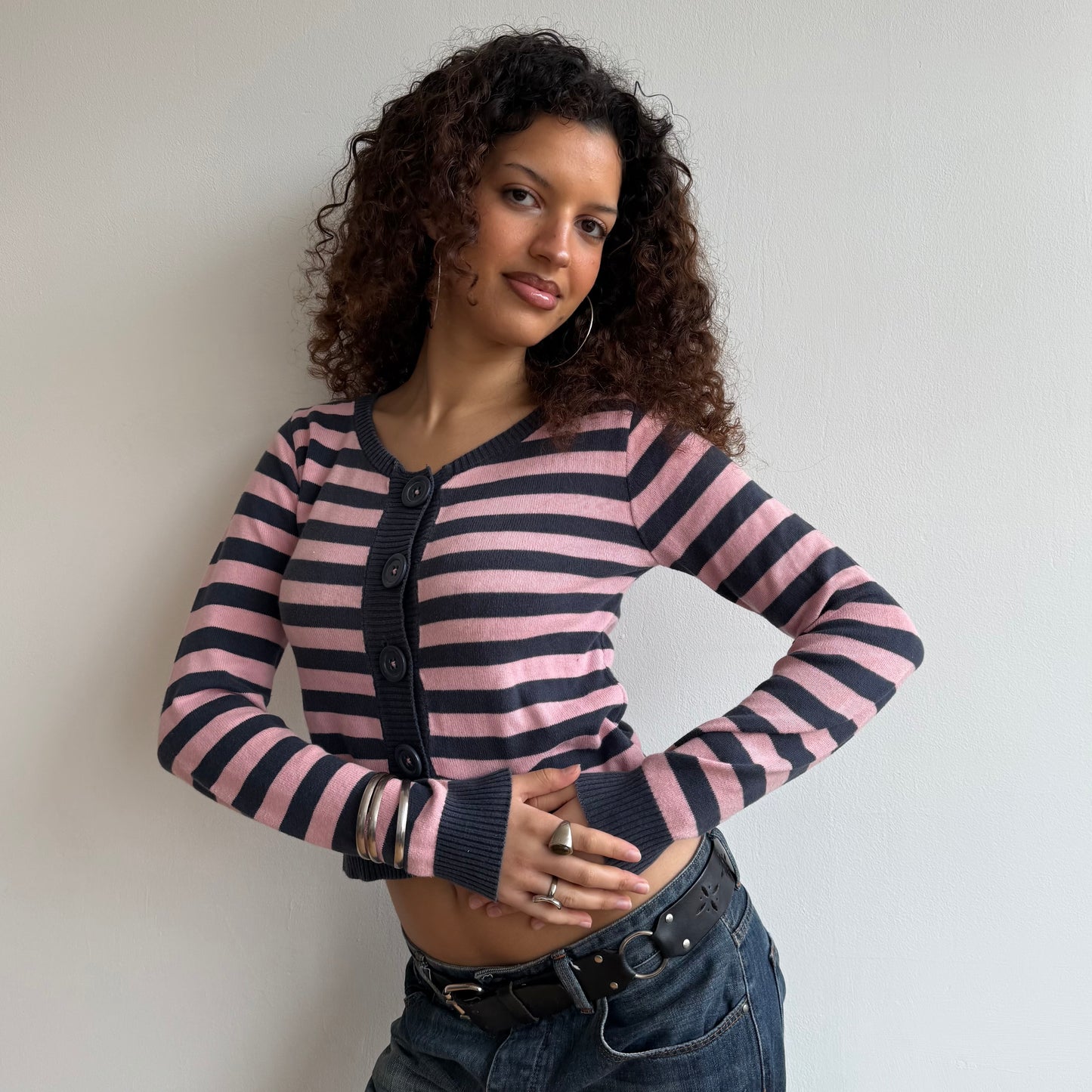 Pink + navy striped cardi - Size M