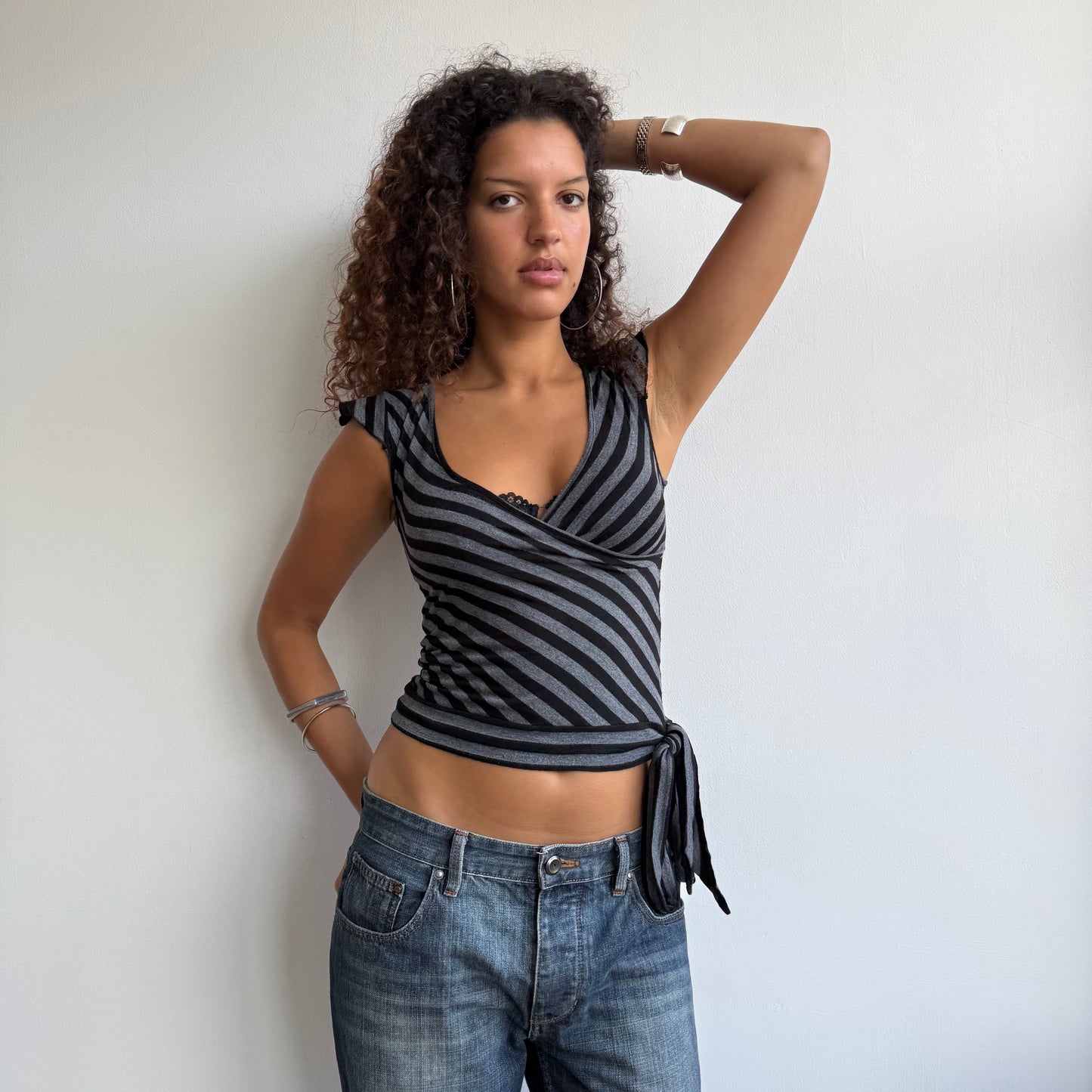 Black + grey stripe wrap top - Size S
