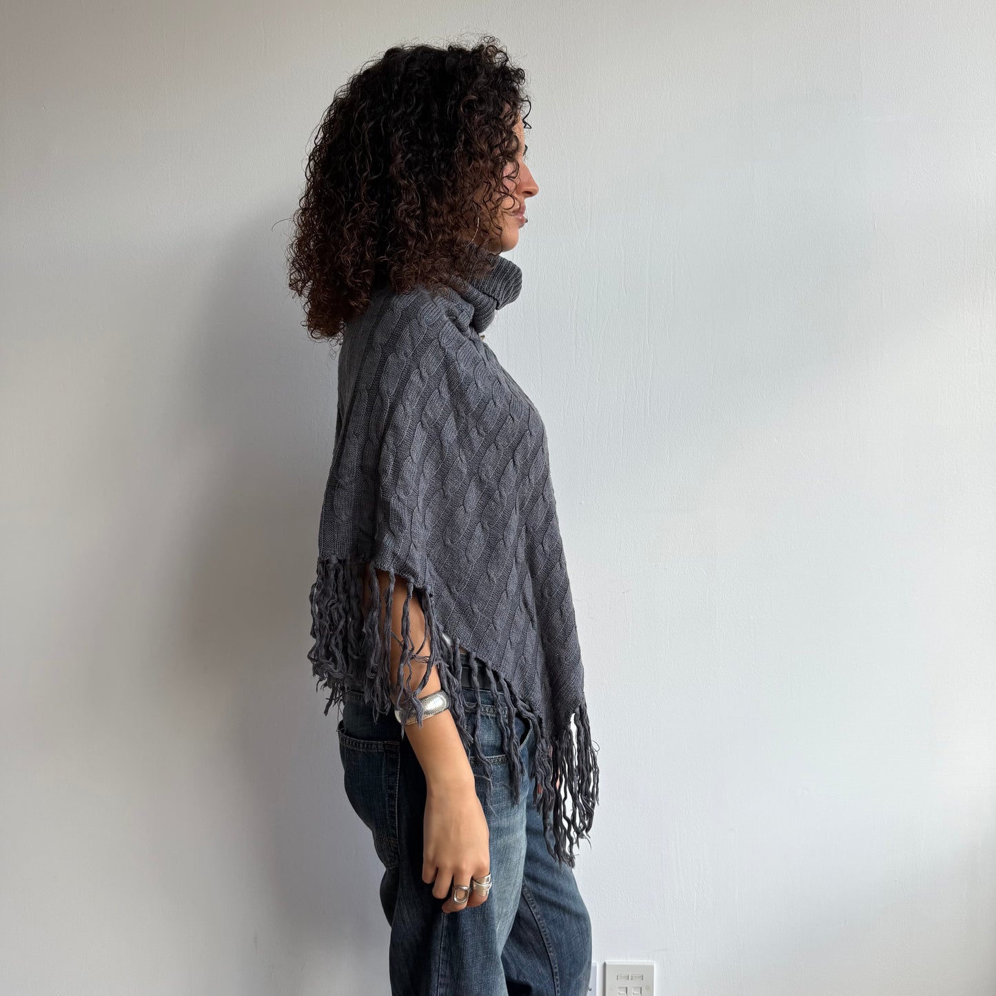 Charcoal grey tassel poncho - One Size