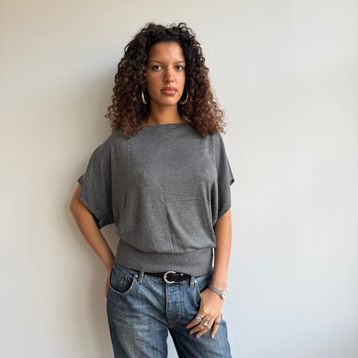 Charcoal short sleeve slouchy knit - Size M