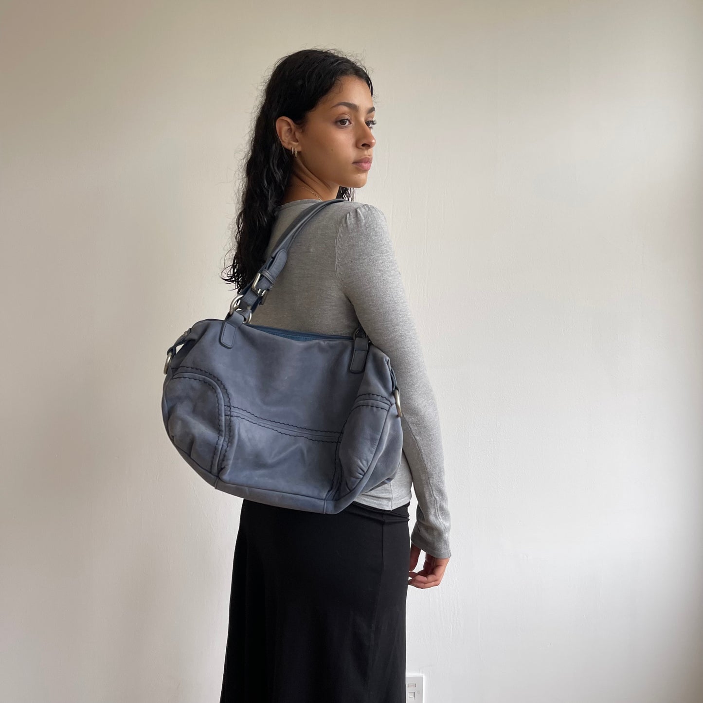 Blue leather slouchy bag