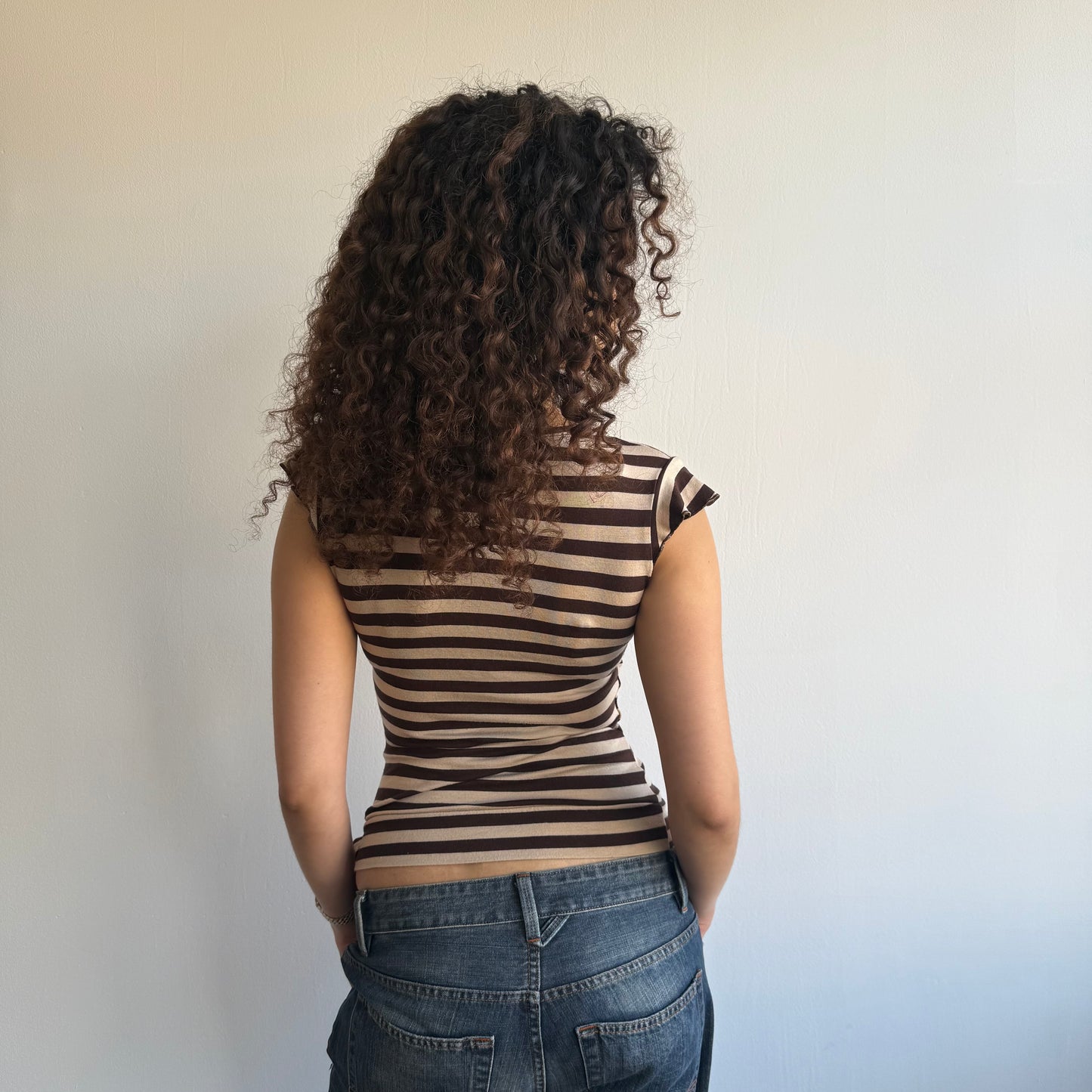 Beige + brown stripe top - Size S