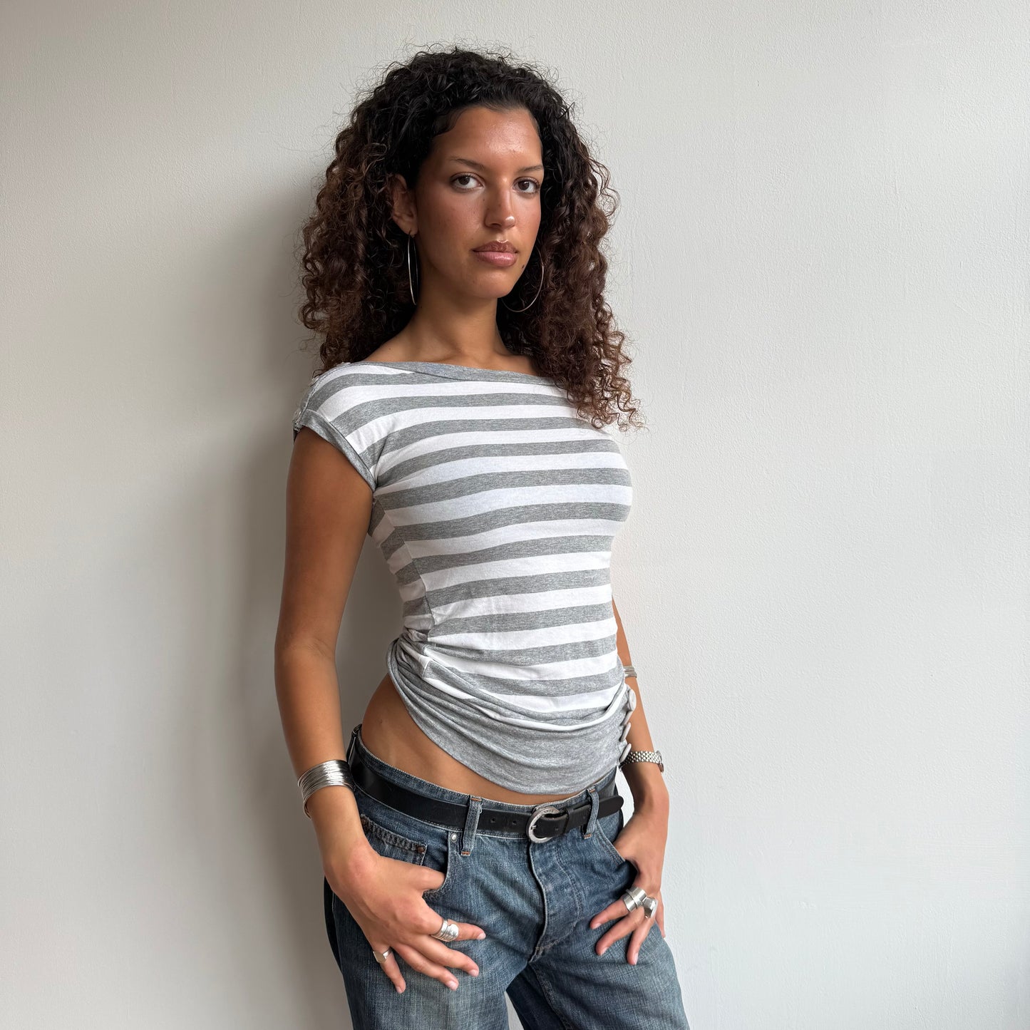 Grey stripe slouchy button top - Size S