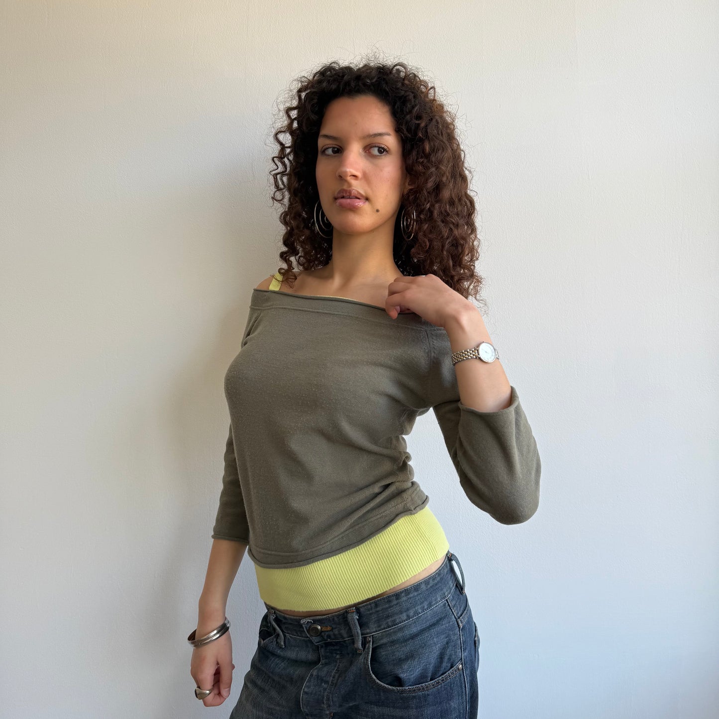 Yellow + brown double layer knit - Size S/M