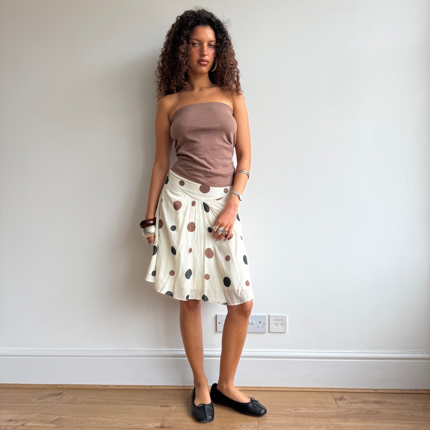Cream polka dot midi skirt - Size S