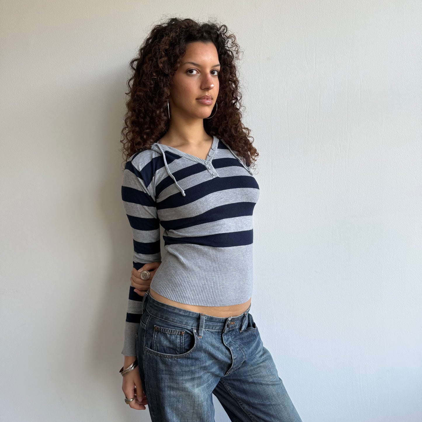 Navy and grey striped hoodie - Size S