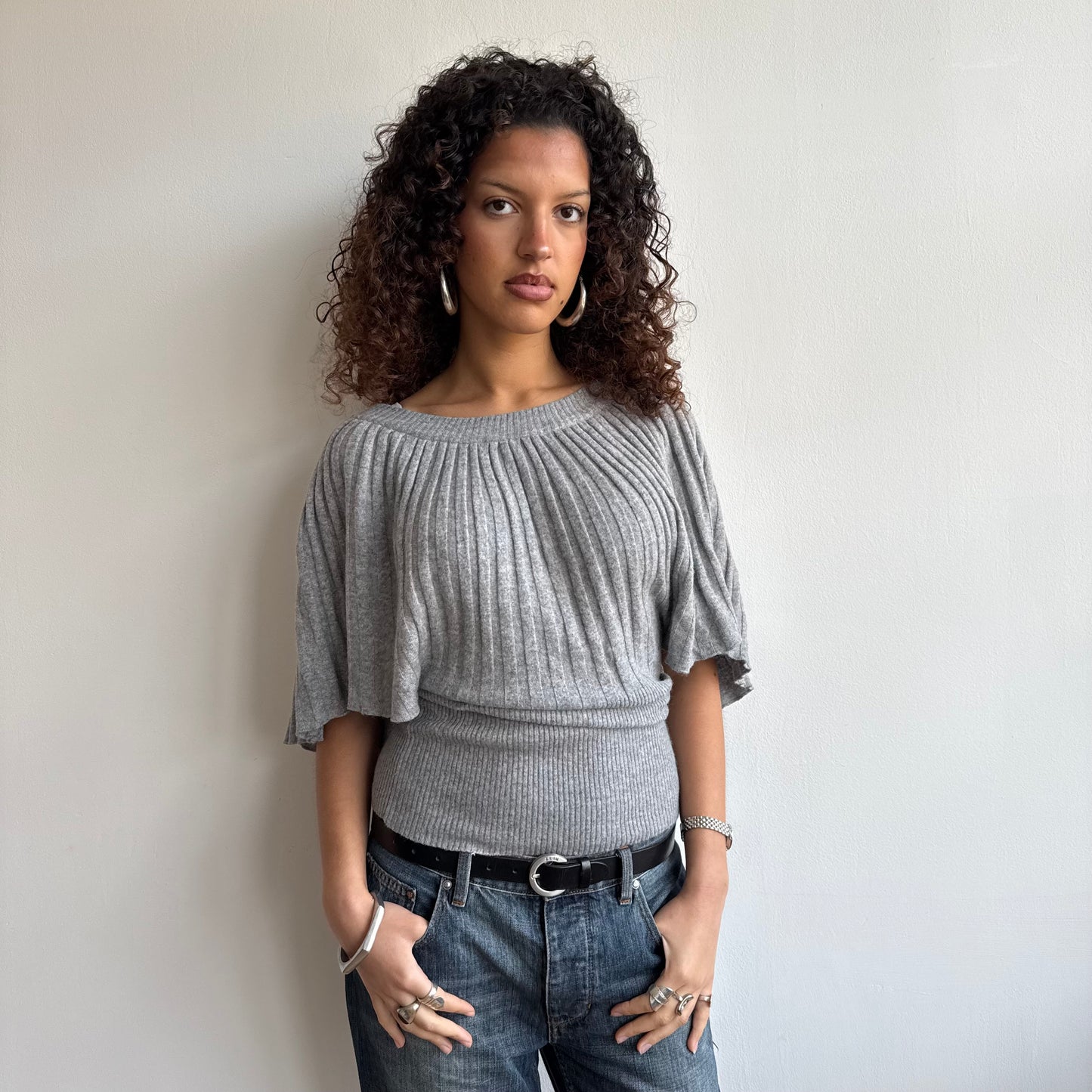 Light grey ribbed batwing knit - Size M