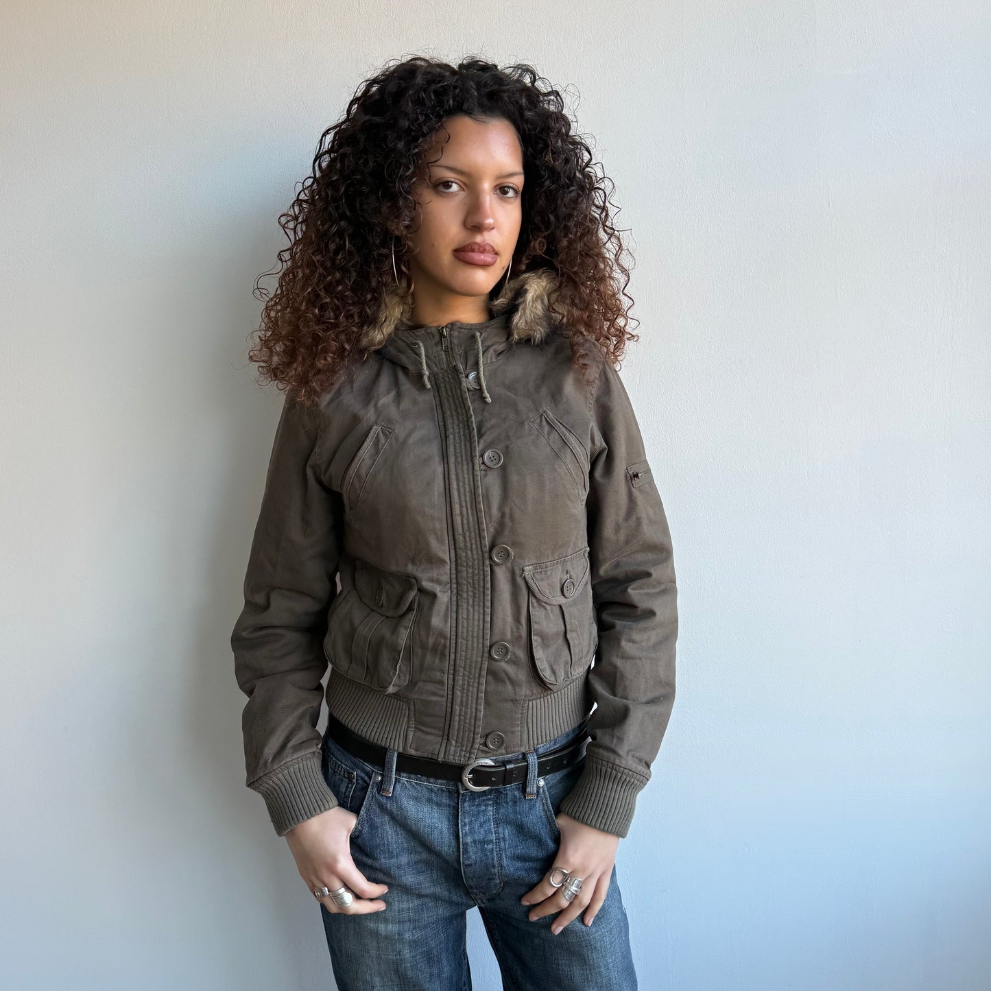 Khaki cargo bomber faux fur hood - Size S/M