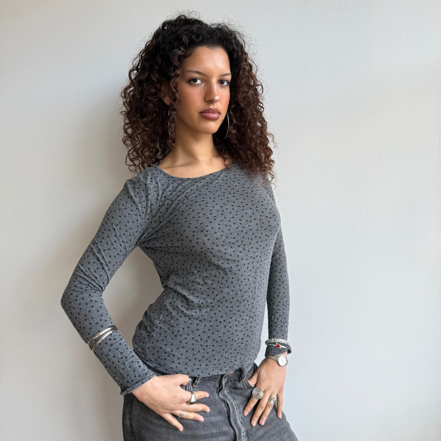 Grey polka dot long sleeve top - Size S