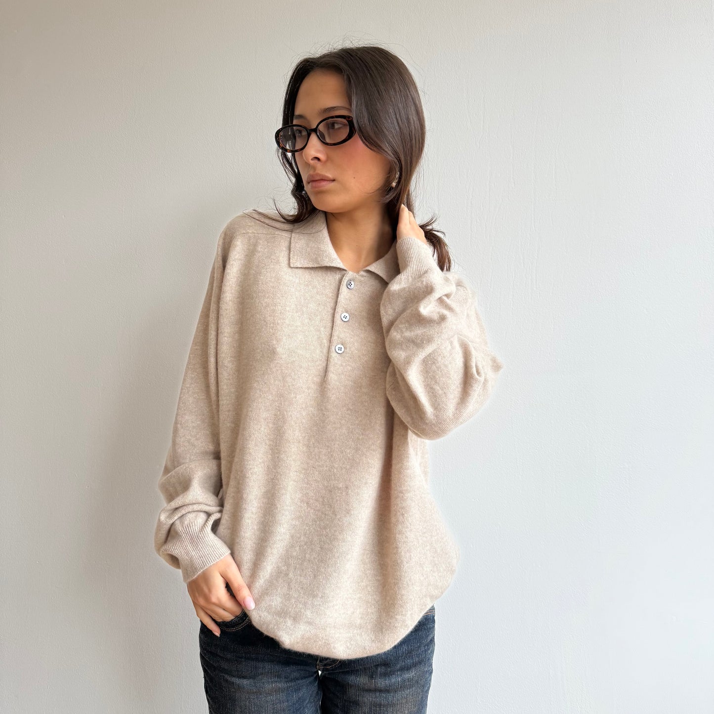 Oatmeal cashmere polo knit - Size M