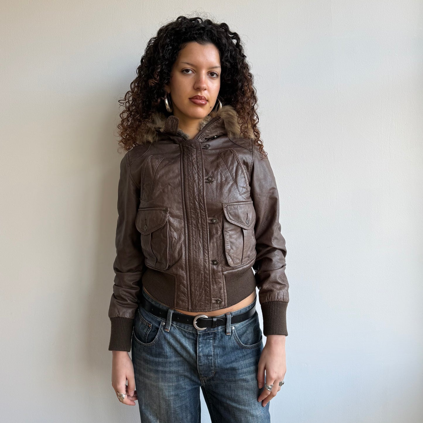 Brown leather fur hood bomber - Size M