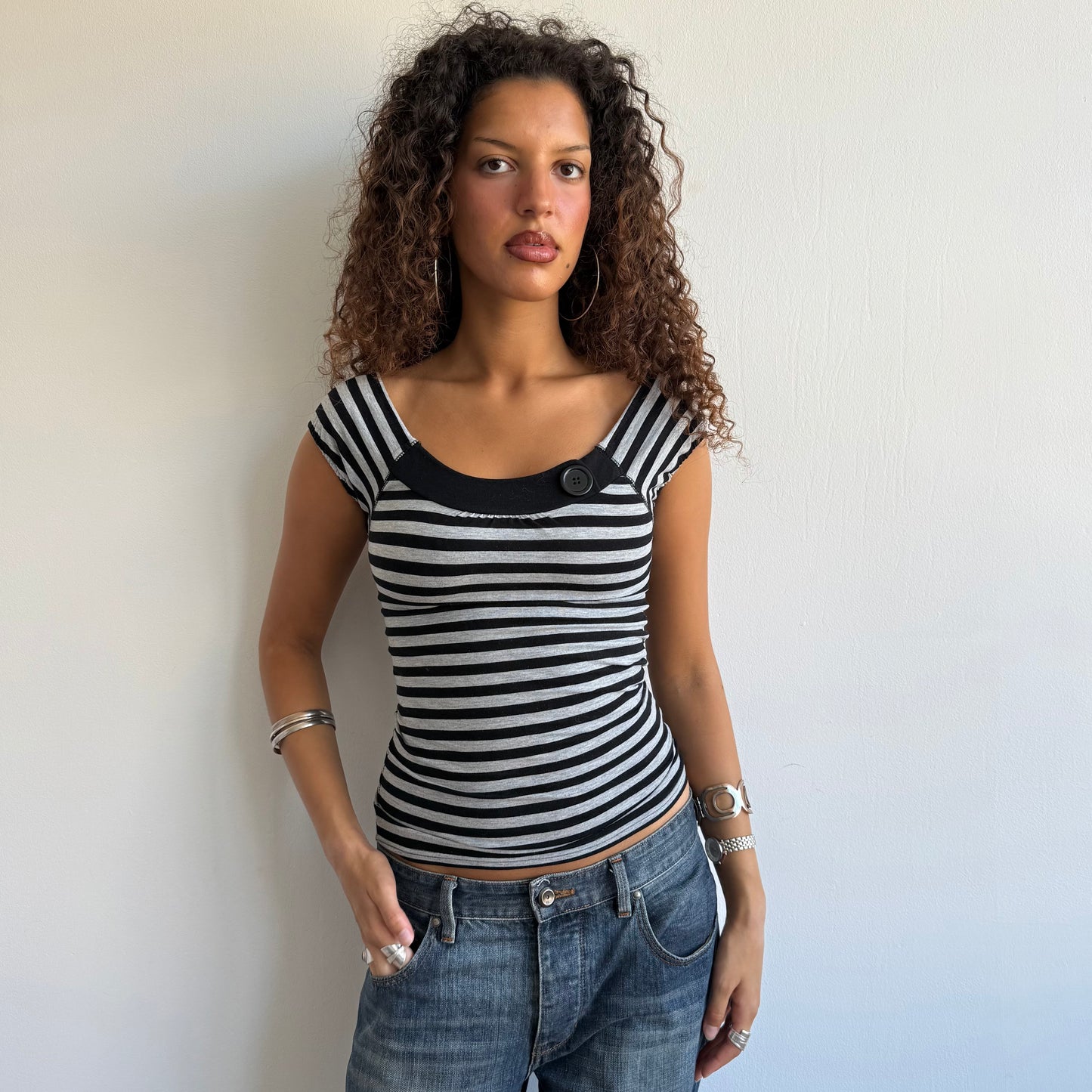 Grey stripe button top - Size S