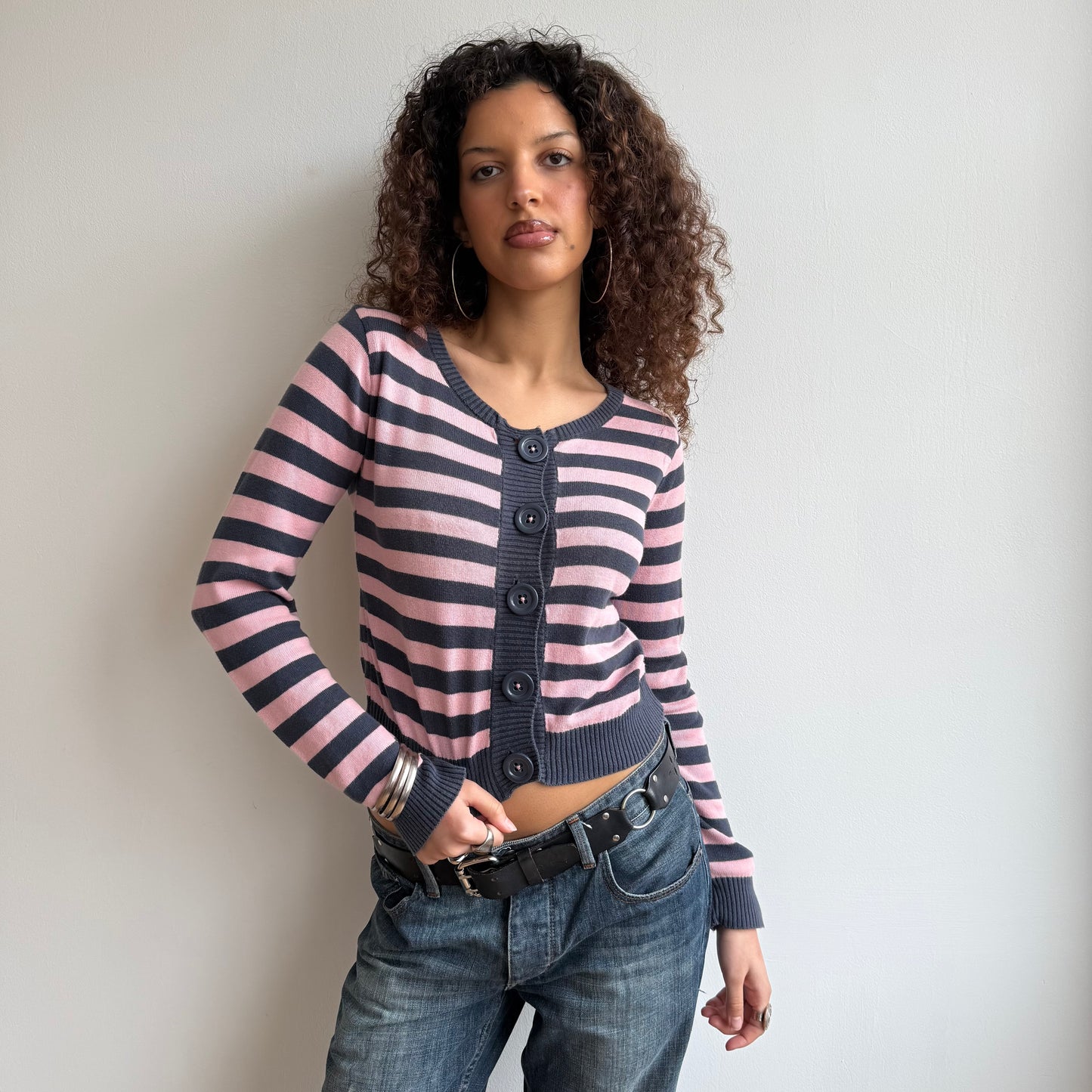 Pink + navy striped cardi - Size M