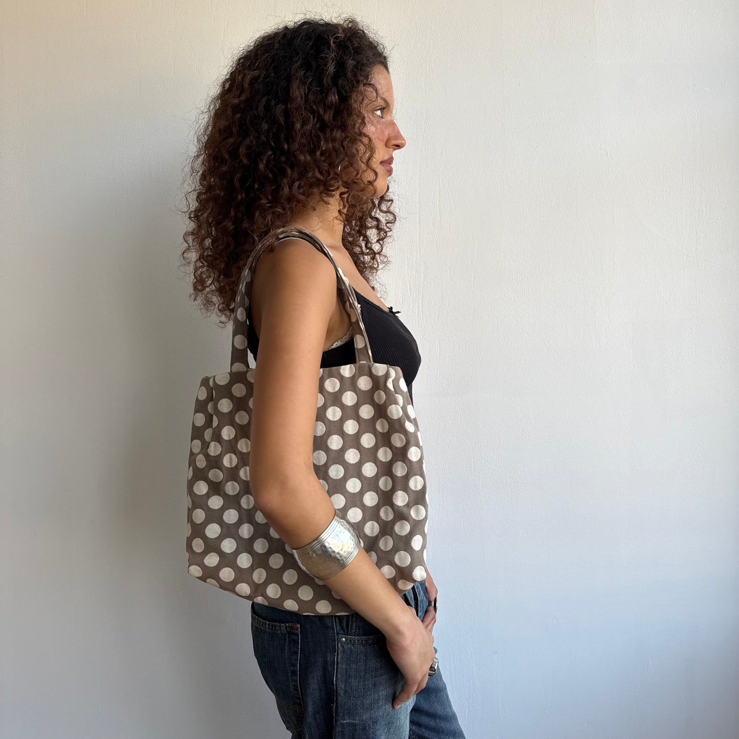 Taupe polka dot bag