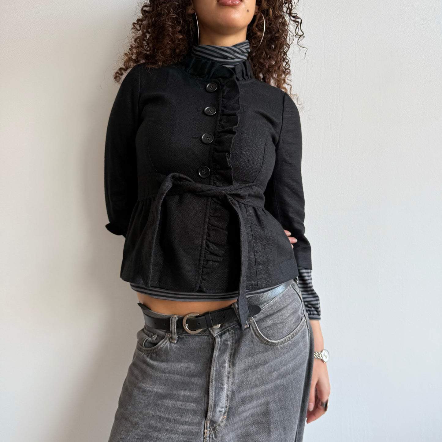Black ruffle tie belt jacket - Size XS