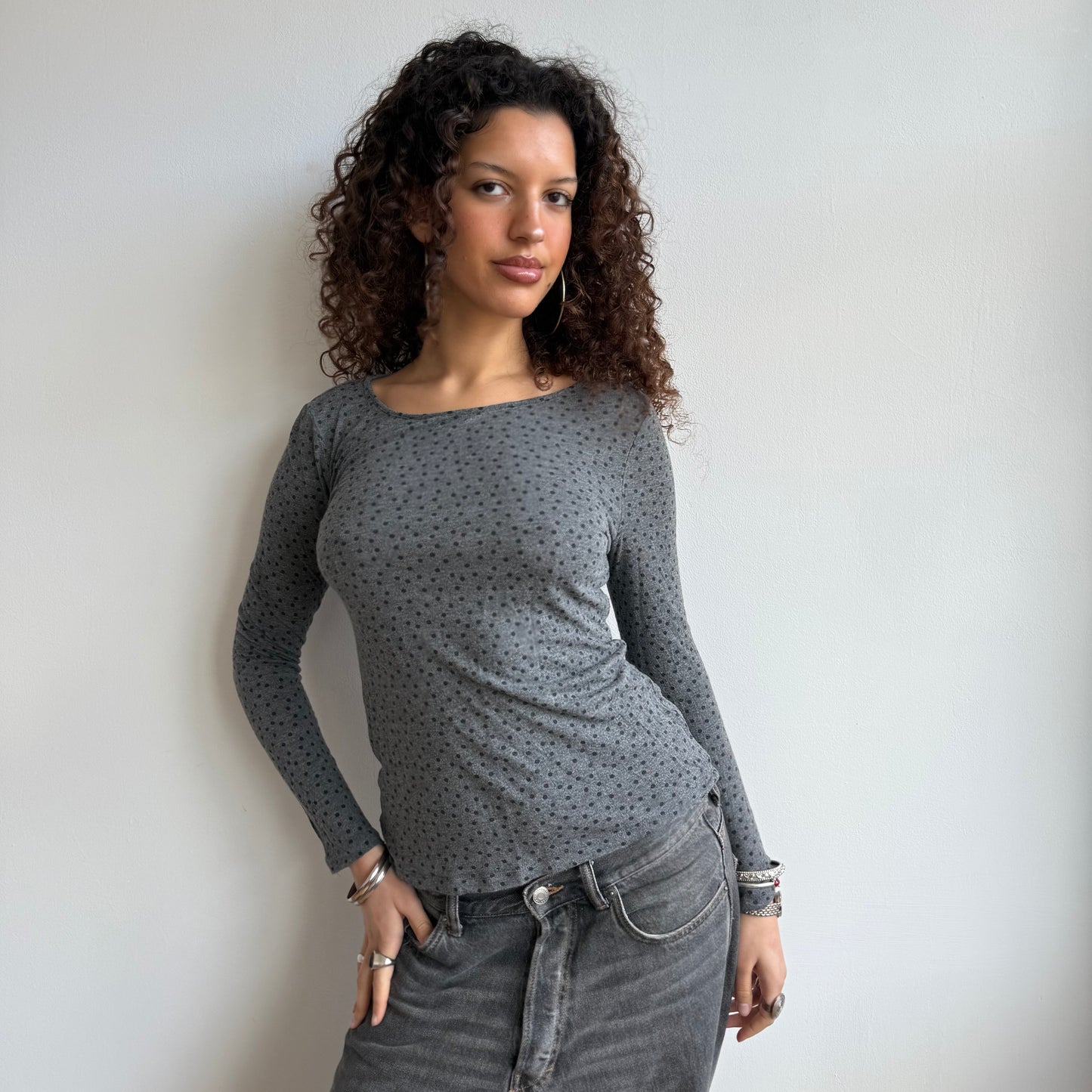 Grey polka dot long sleeve top - Size S