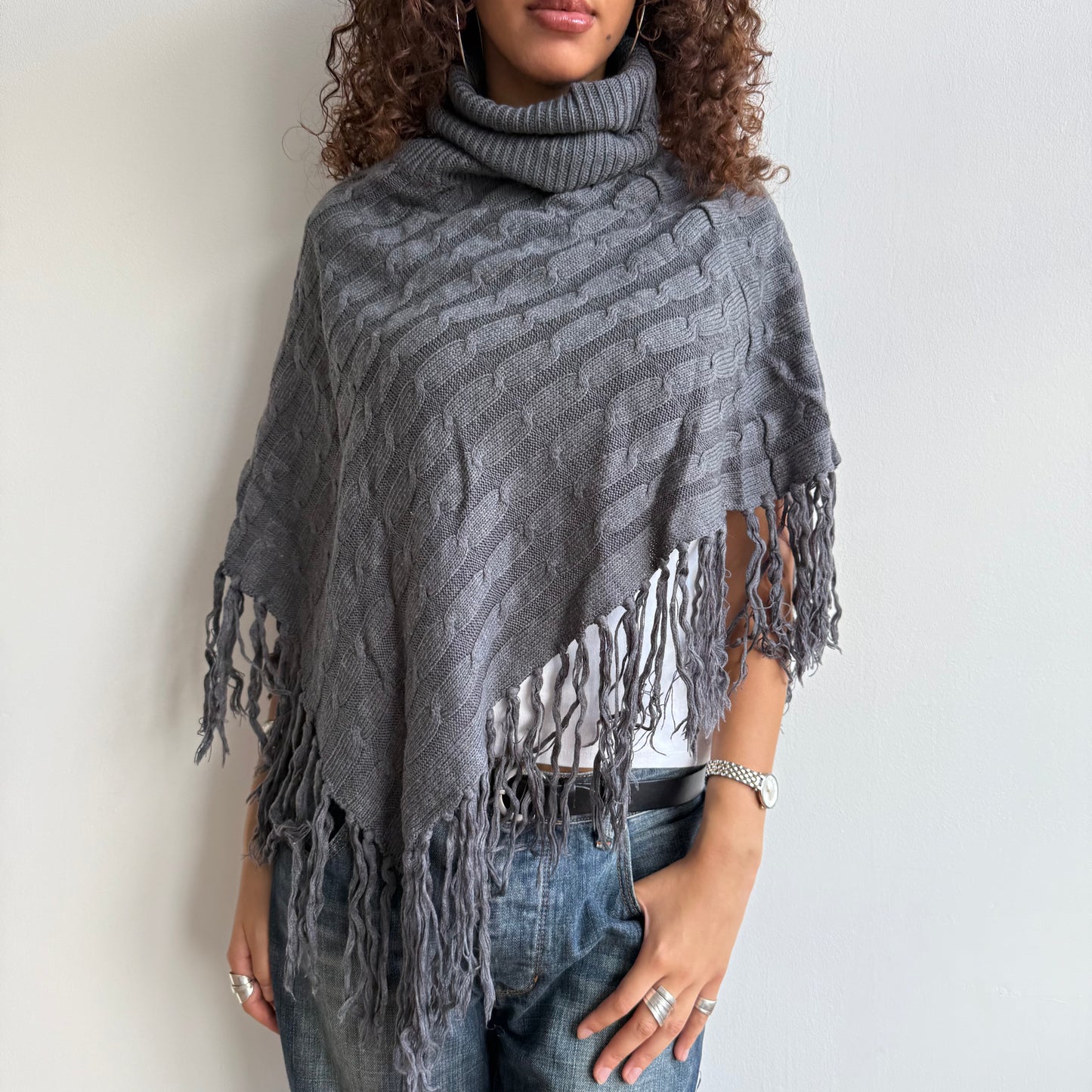 Charcoal grey tassel poncho - One Size