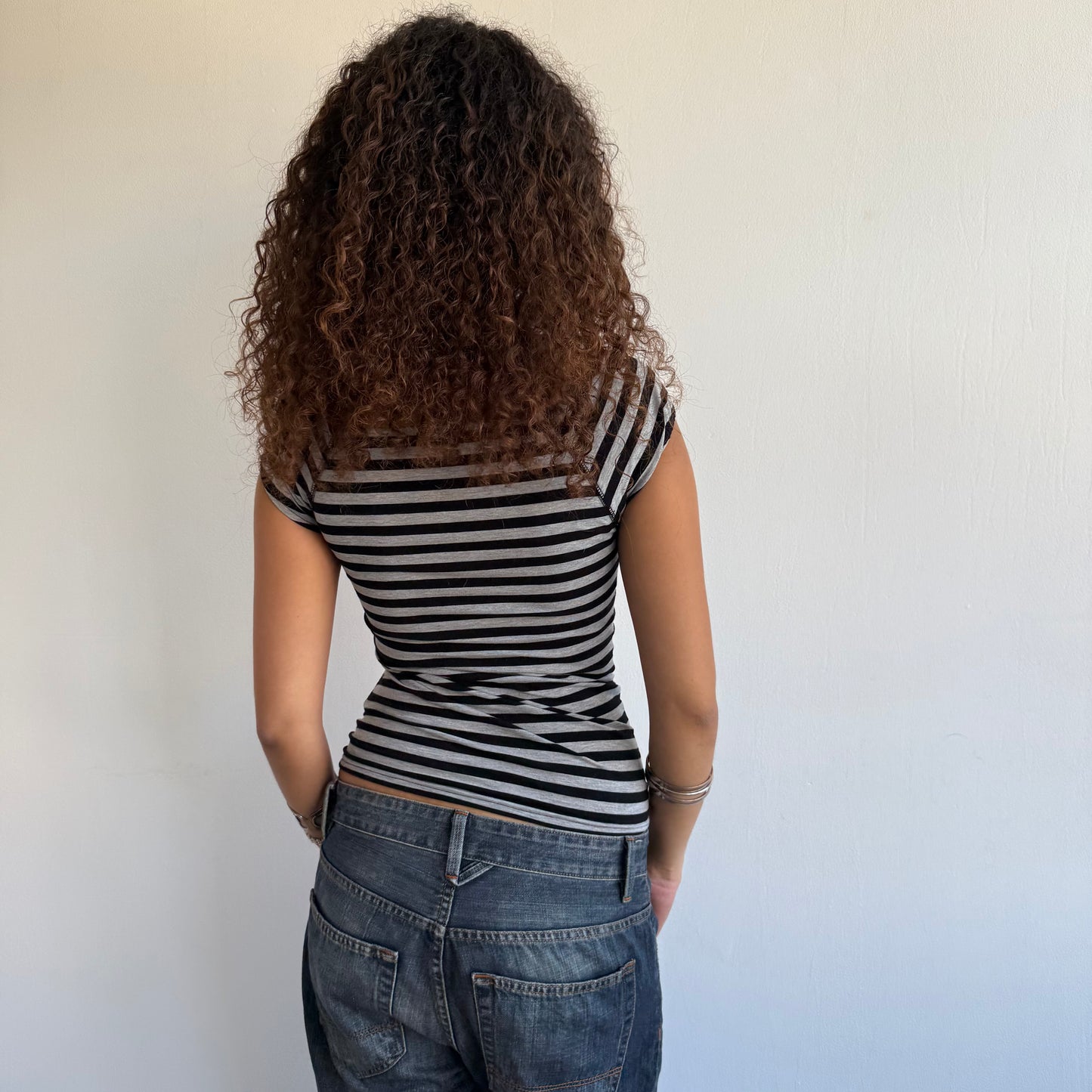 Grey stripe button top - Size S