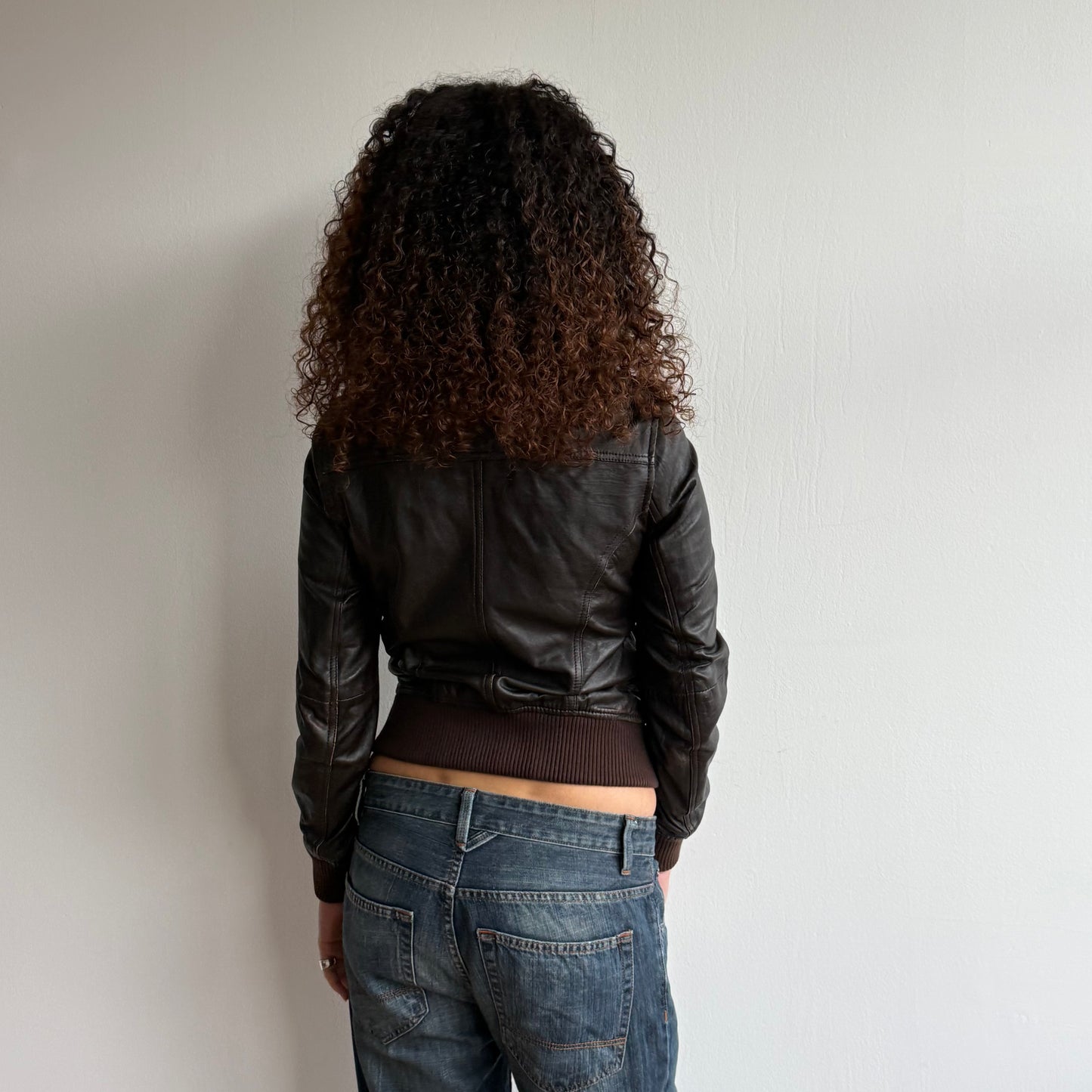Brown leather zip bomber jacket - Size S