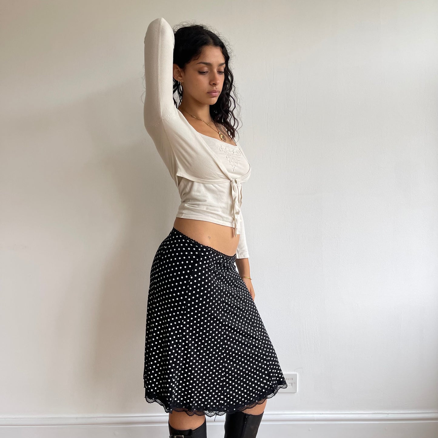 Black polka dot lace midi skirt - Size S
