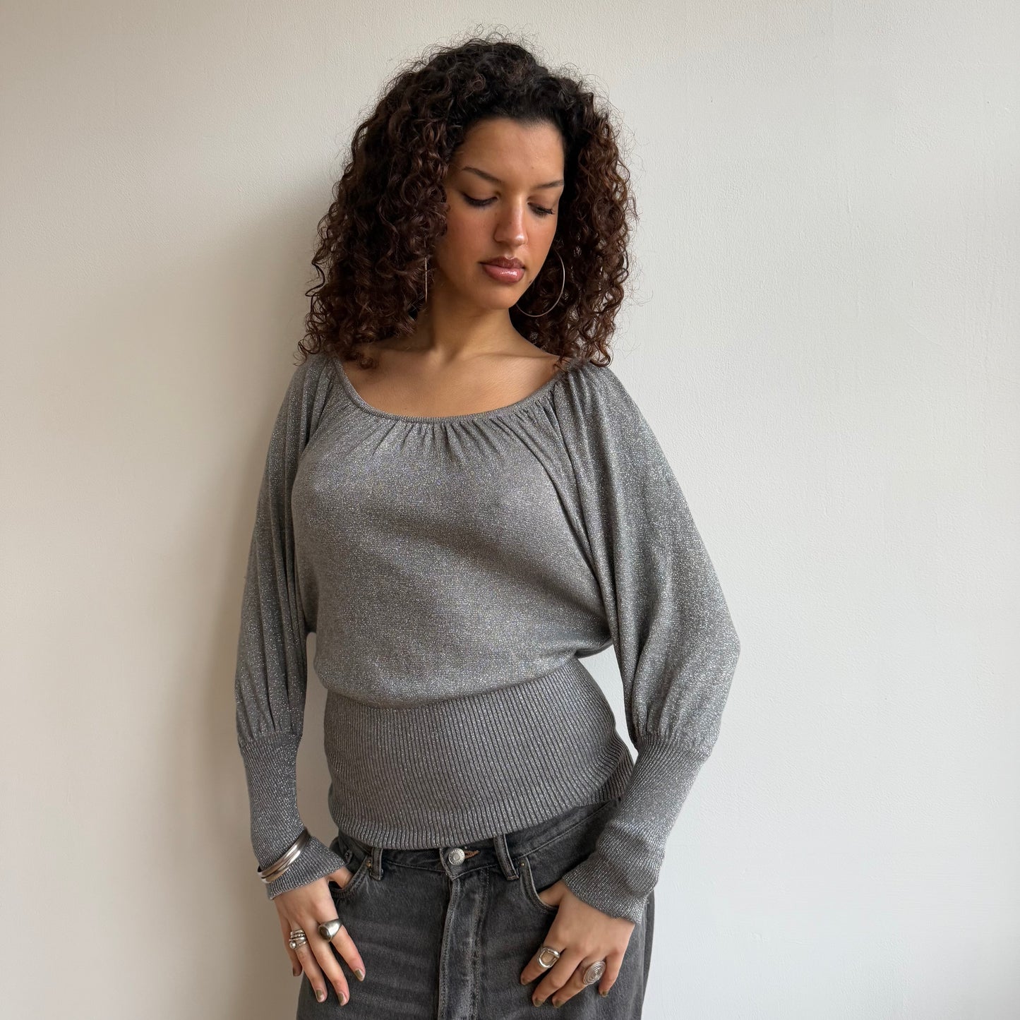 Silver sparkly batwing knit - Size S