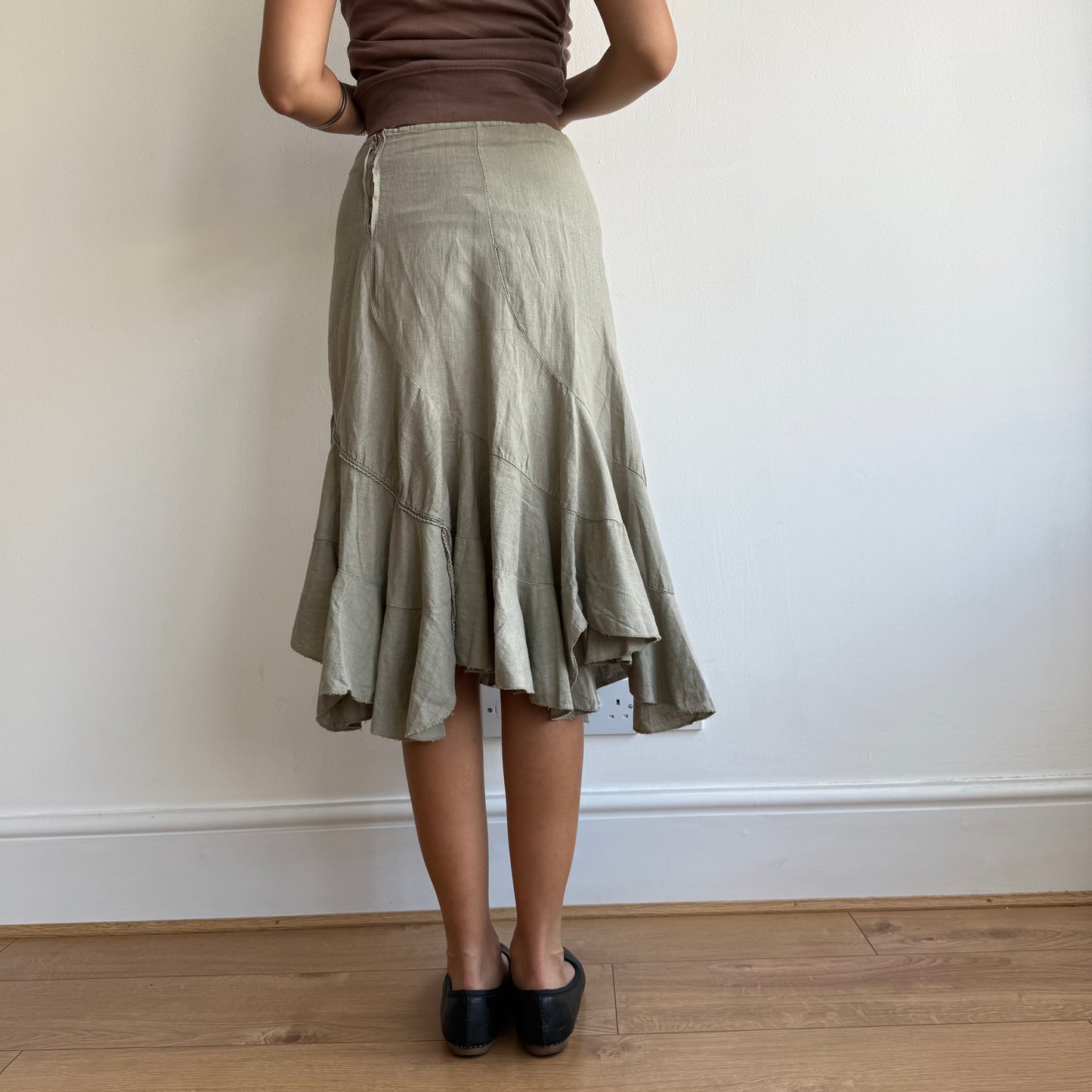 Khaki linen midi skirt - Size XS
