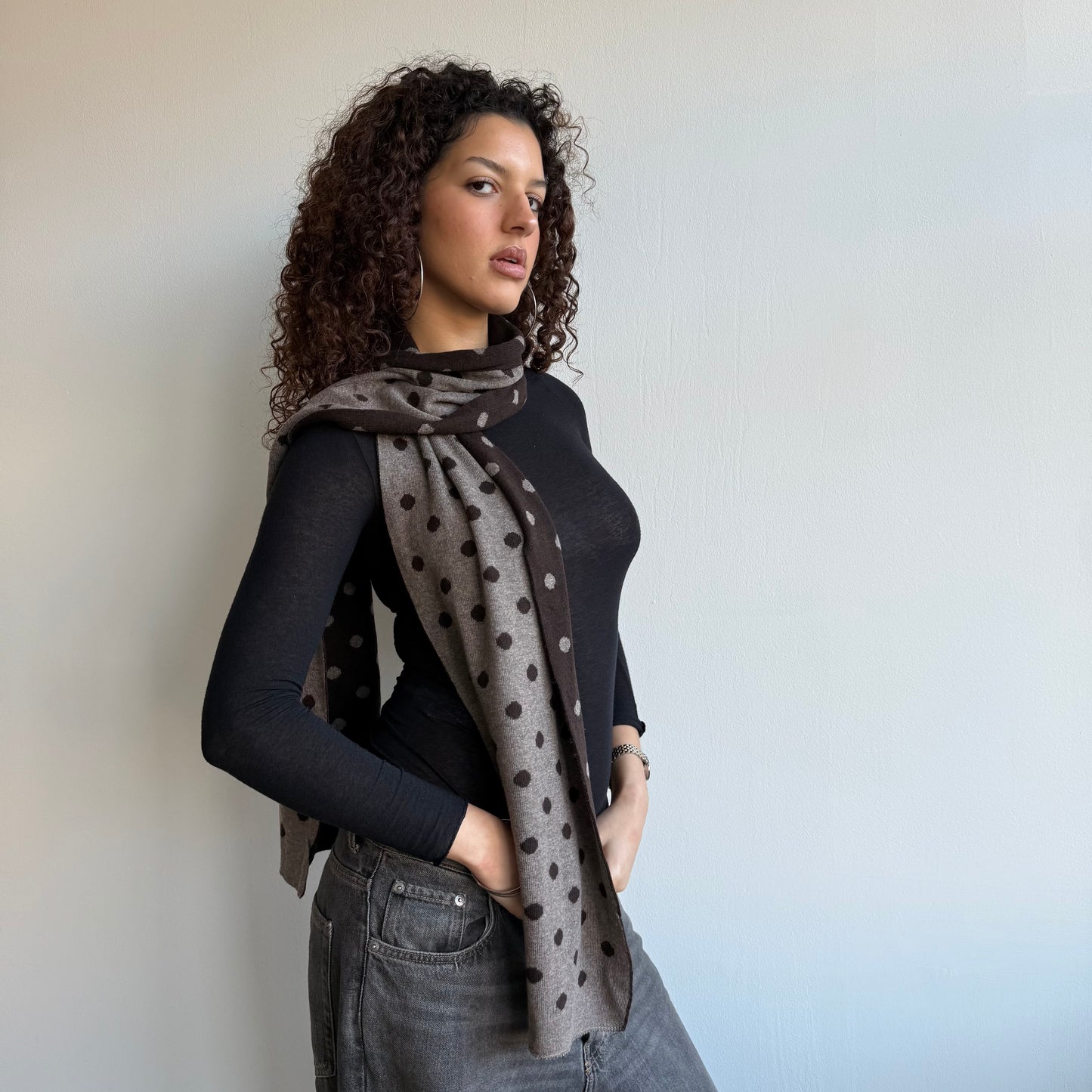Brown polka dot reversible scarf