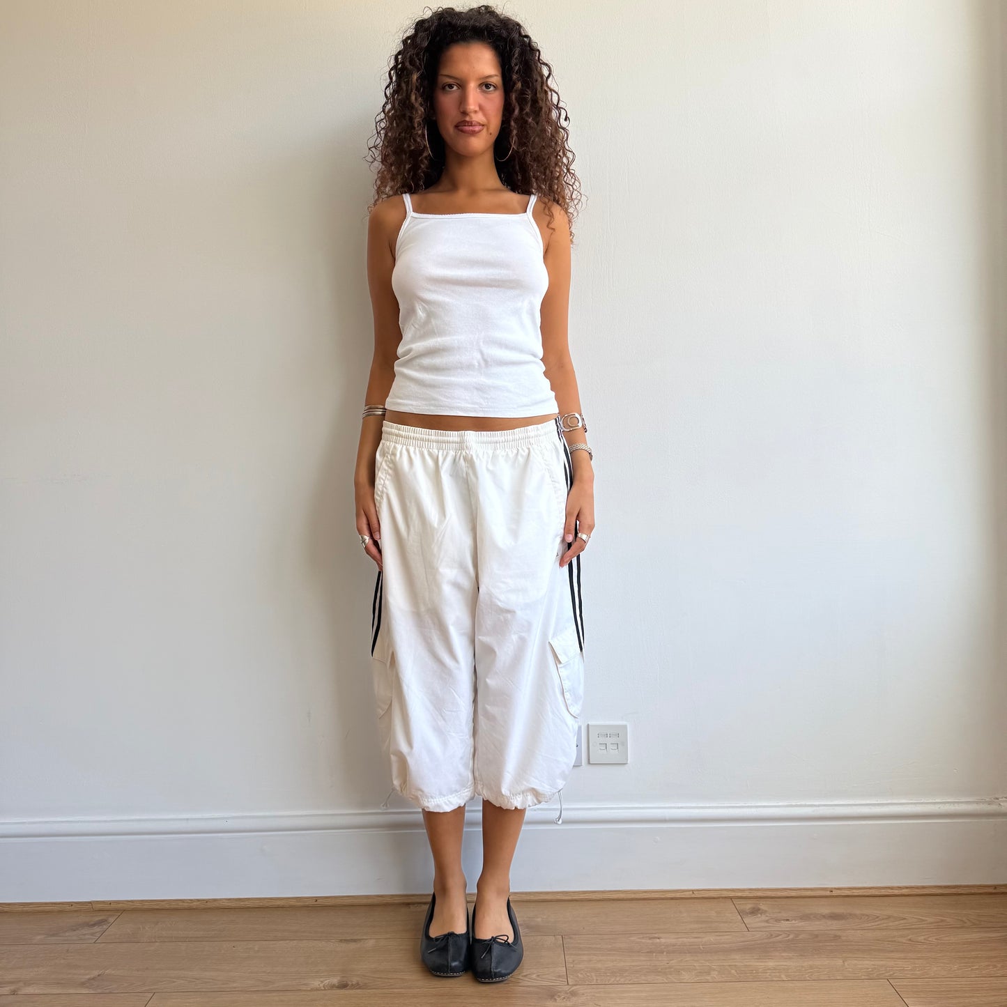 White Adidas cargo capris - Size S + M