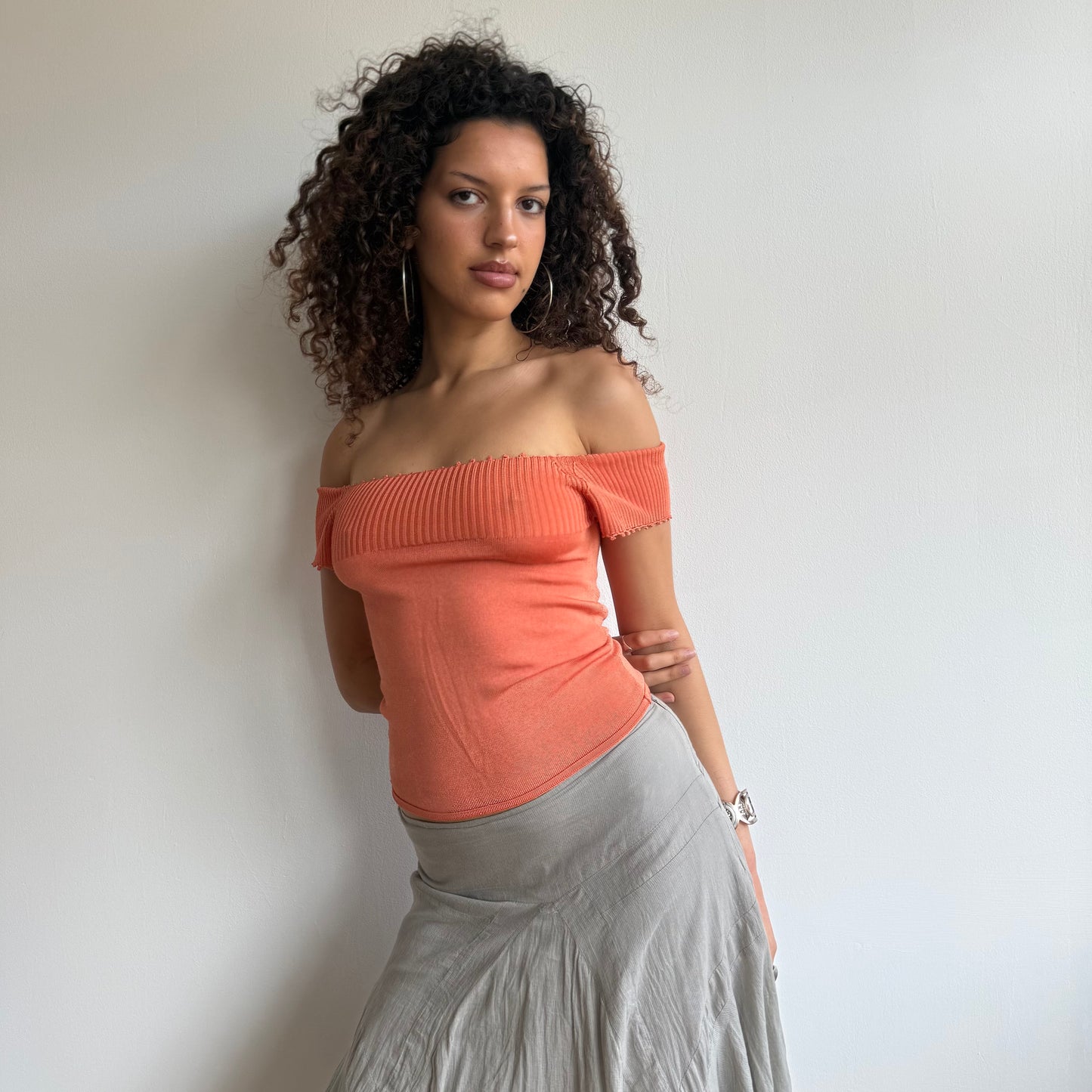 Orange knit bardot top - Size XS