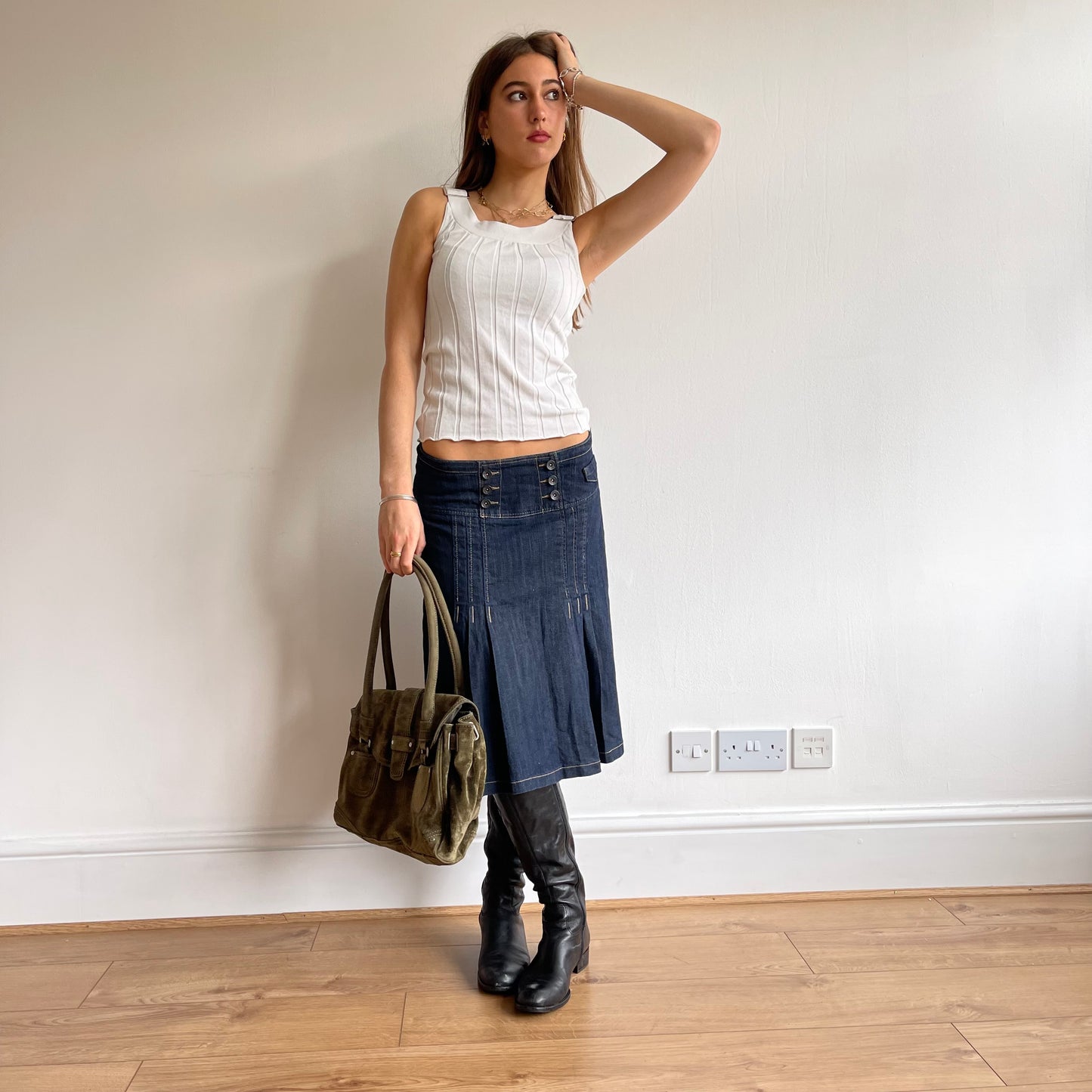Khaki suede buckle bag