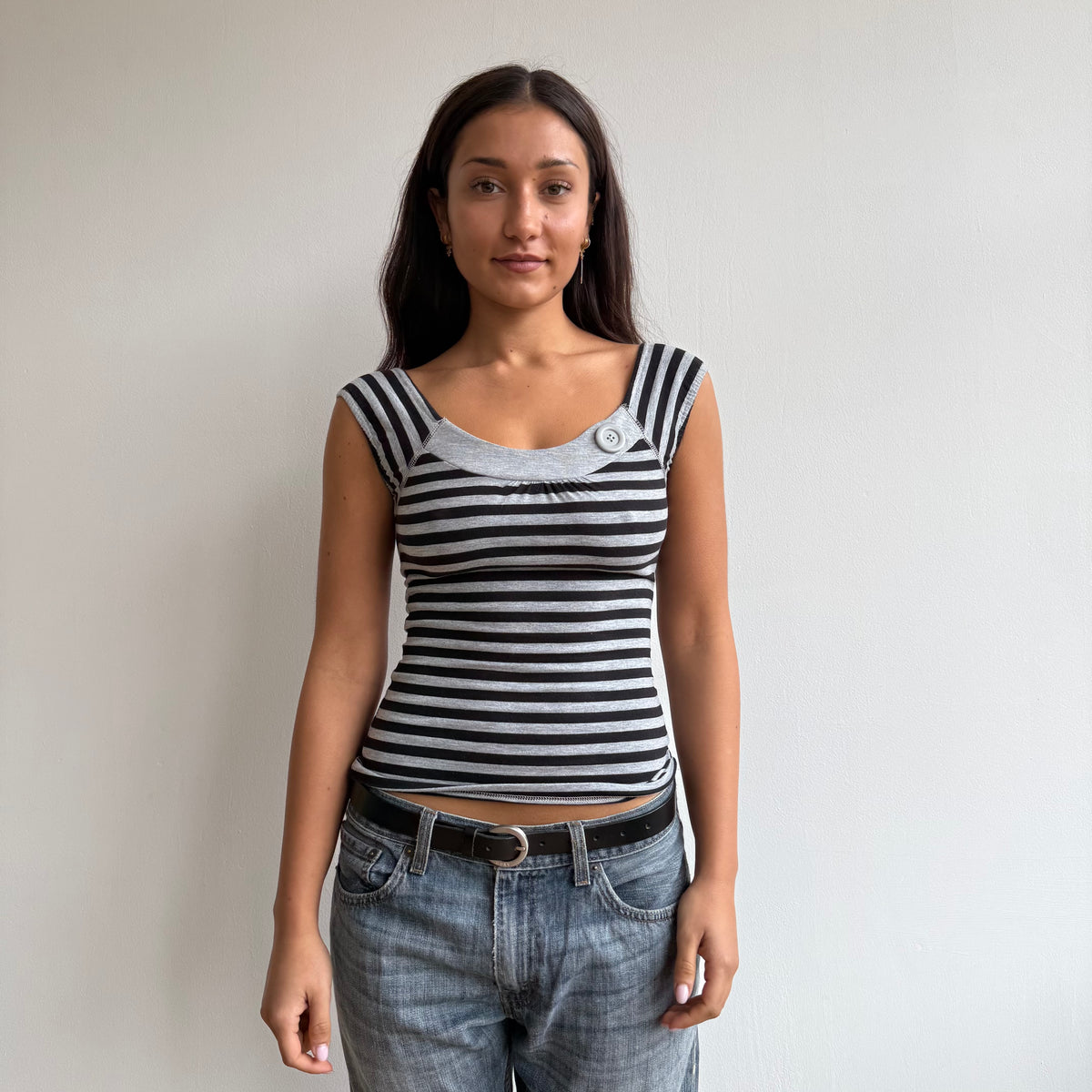 Grey stripe button top - Size XS + S/M