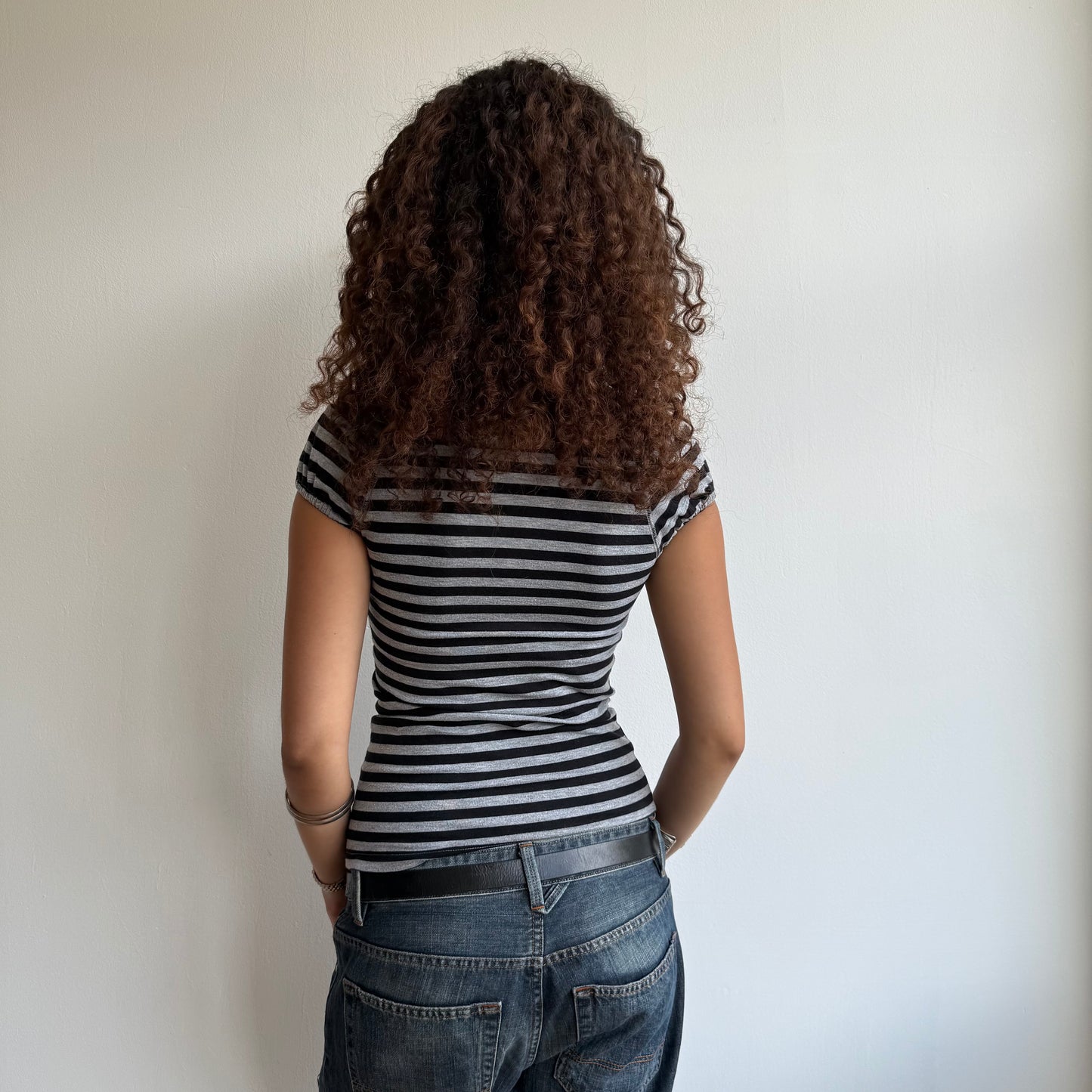 Grey stripe button top - Size XS + S + M
