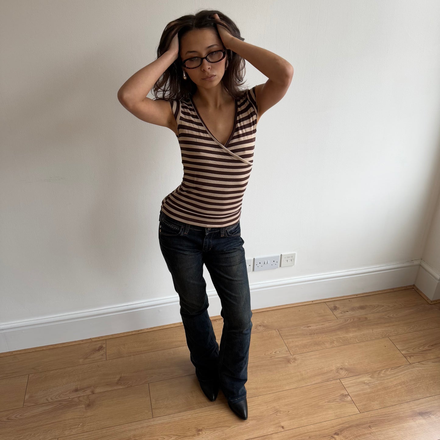 Beige striped wrap short sleeve top - Size S