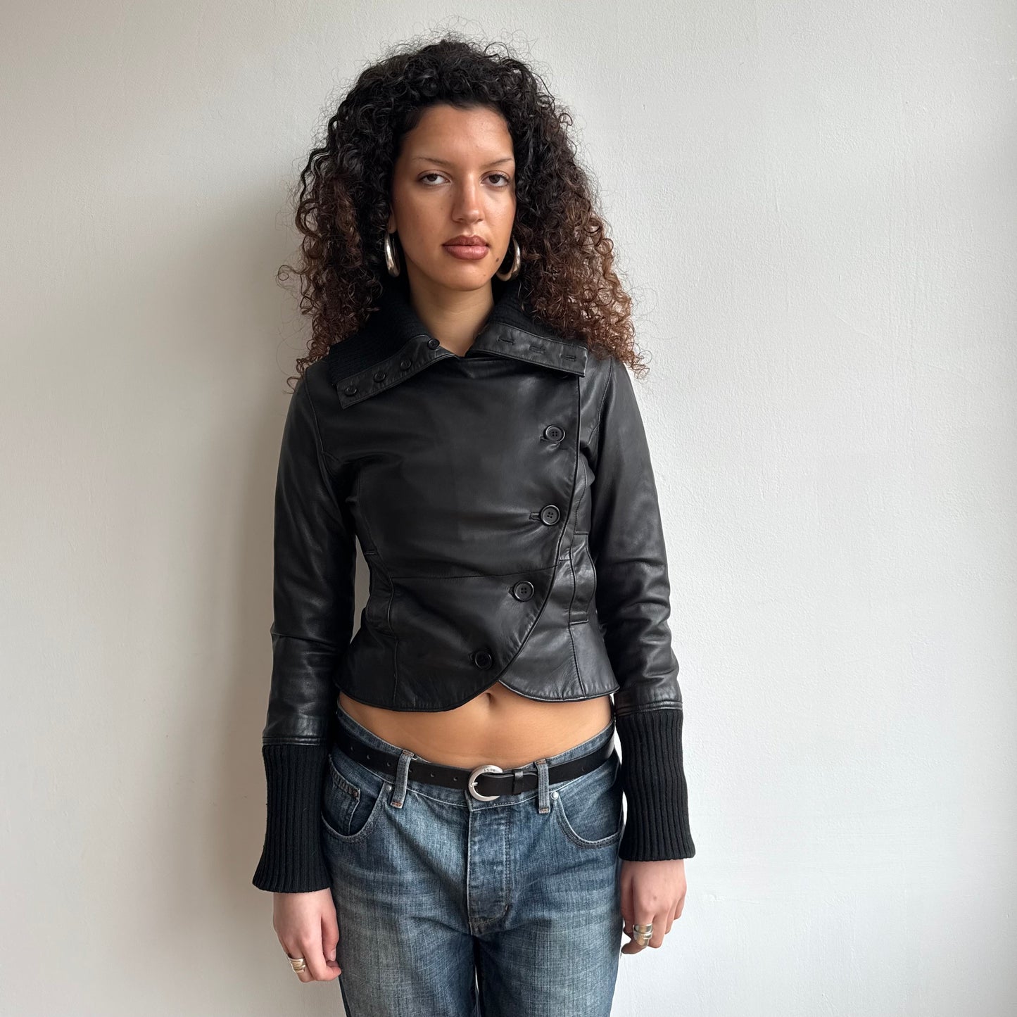 Black leather asymmetric peacoat - Size XS